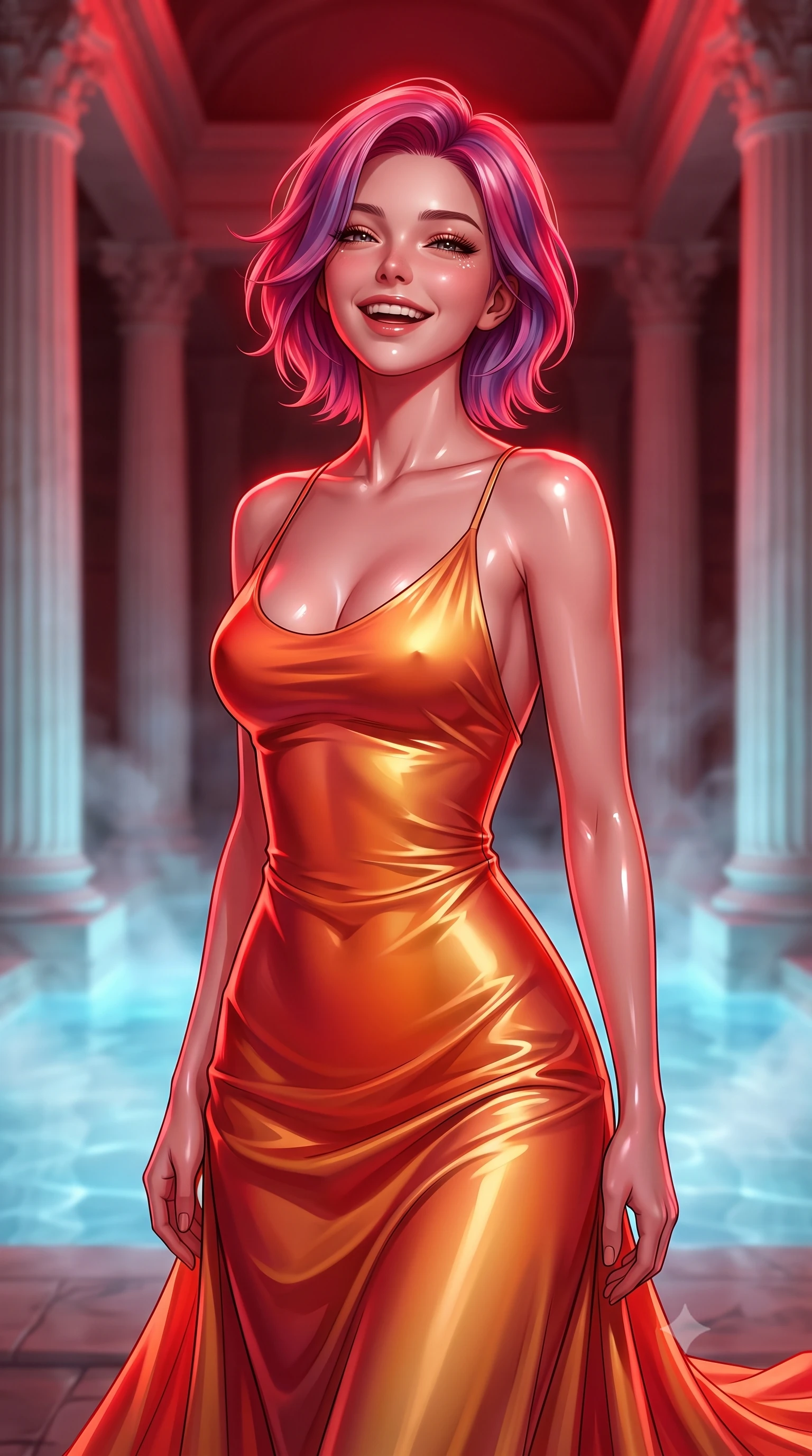 score_9, masterpiece, best quality, ultra-detailed, high-budget anime keyframe, editorial fashion photography, tasteful artistic composition, Caucasian woman, strictly human ears. close-up cowboy shot from the waist and thighs up, the character dominates the composition, filling the frame with her large presence, background elements kept in soft focus. Gently laughing with her head tilted back slightly in relaxed joy. set against a soft-focus background of inside a grand roman bath chamber with columns of white travertine, the steaming thermal waters glowing with an opaline blue light. She has an exceptionally elegant, slender, and willowy female figure with a highly-defined ultra-slim waist, a gracefully sculpted slender torso, and a refined slim-fit silhouette that contours her form. sharp v-shaped jawline, high-bridge nose, intricate jewel-like eyes with depth, thick eyelashes, glossy lips with a natural sheen. wearing a liquid silk charmeuse gown in a sunset gradient of orange and gold, clinging and pooling along her tall, slender silhouette. deep crimson theatrical lighting with sharp specular highlights on every curve. 2k, ultra detail, master piece, 9:16 ratio