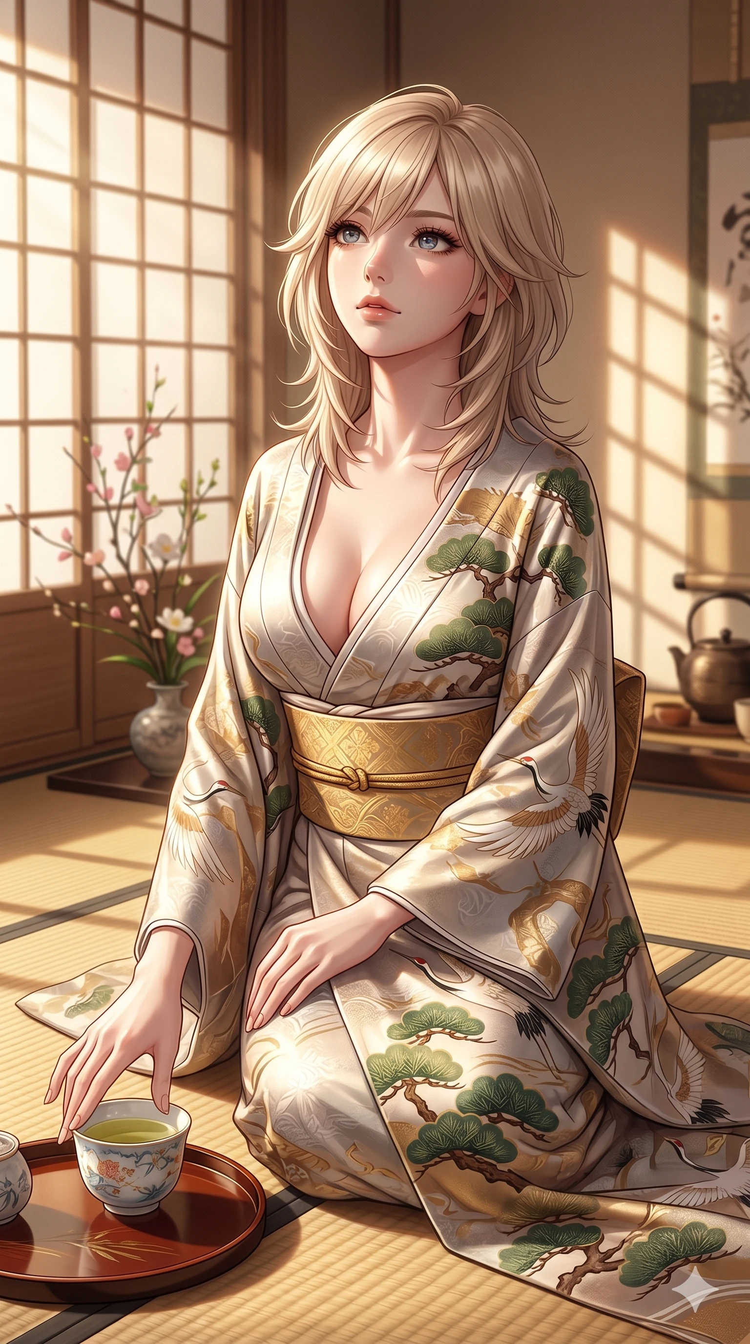 score_9, masterpiece, best quality, ultra-detailed, high-budget anime keyframe, editorial fashion photography, tasteful artistic composition, Japanese woman. cowboy shot from the thighs up, character and outfit filling the frame for maximum editorial presence. resting her fingers on a porcelain tea cup, looking up with a gentle, curious gaze inside a quiet shoji-screen tea room with warm tatami mats (Code-P16-040). She has an absolutely perfect 8-heads proportion, an exceptionally tall and slender female figure with impossibly long slender legs and an ultra-slim waist. V-shaped jawline, high-bridge nose, intricate jewel-like eyes with depth, thick eyelashes, glossy lips with a natural sheen. wearing a modern silk kimono dress with a plunging neck and wide gold obi belt. soft warm morning sunbeams filtering through the paper screens, casting a gentle glow. 2k, ultra detail, master piece, 9:16 ratio
