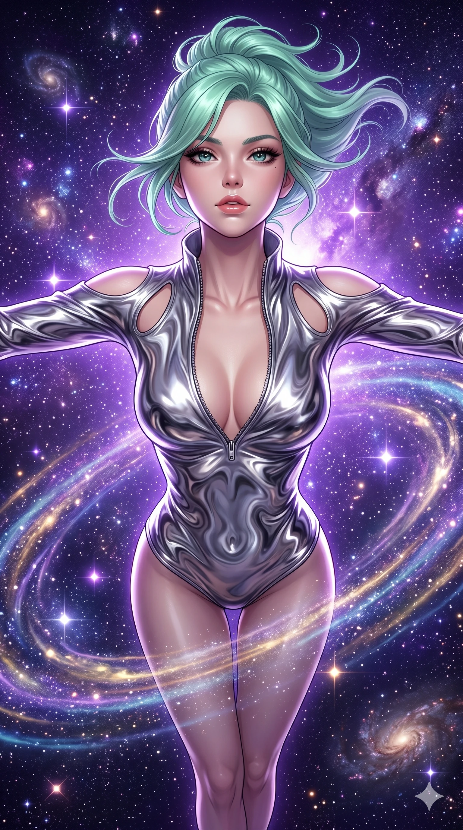 score_9, masterpiece, best quality, ultra-detailed, high-budget anime keyframe, editorial fashion photography, tasteful artistic composition, Japanese woman. Upper body close-up from the thighs up, character filling the screen for maximum presence. She is floating weightlessly inside a brilliant violet galaxy, surrounded by swirling cosmic dust rings. She spreads her arms in a graceful flying pose, looking toward the camera. She has an absolutely perfect 8-heads proportion, an exceptionally tall and slender female figure with impossibly long slender legs and an ultra-slim waist. V-shaped jawline, high-bridge nose, intricate jewel-like eyes with depth, thick eyelashes, glossy lips with a natural sheen. She is wearing a form-fitting top made of molten liquid-mercury fabric that clings to her curves, with strategic tear-drop shoulder cutouts and a dangerously unzipped front collar. The scene is bathed in brilliant purple starlight and a sharp white front key light highlighting her details. 2k, ultra detail, master piece, 9:16 ratio
