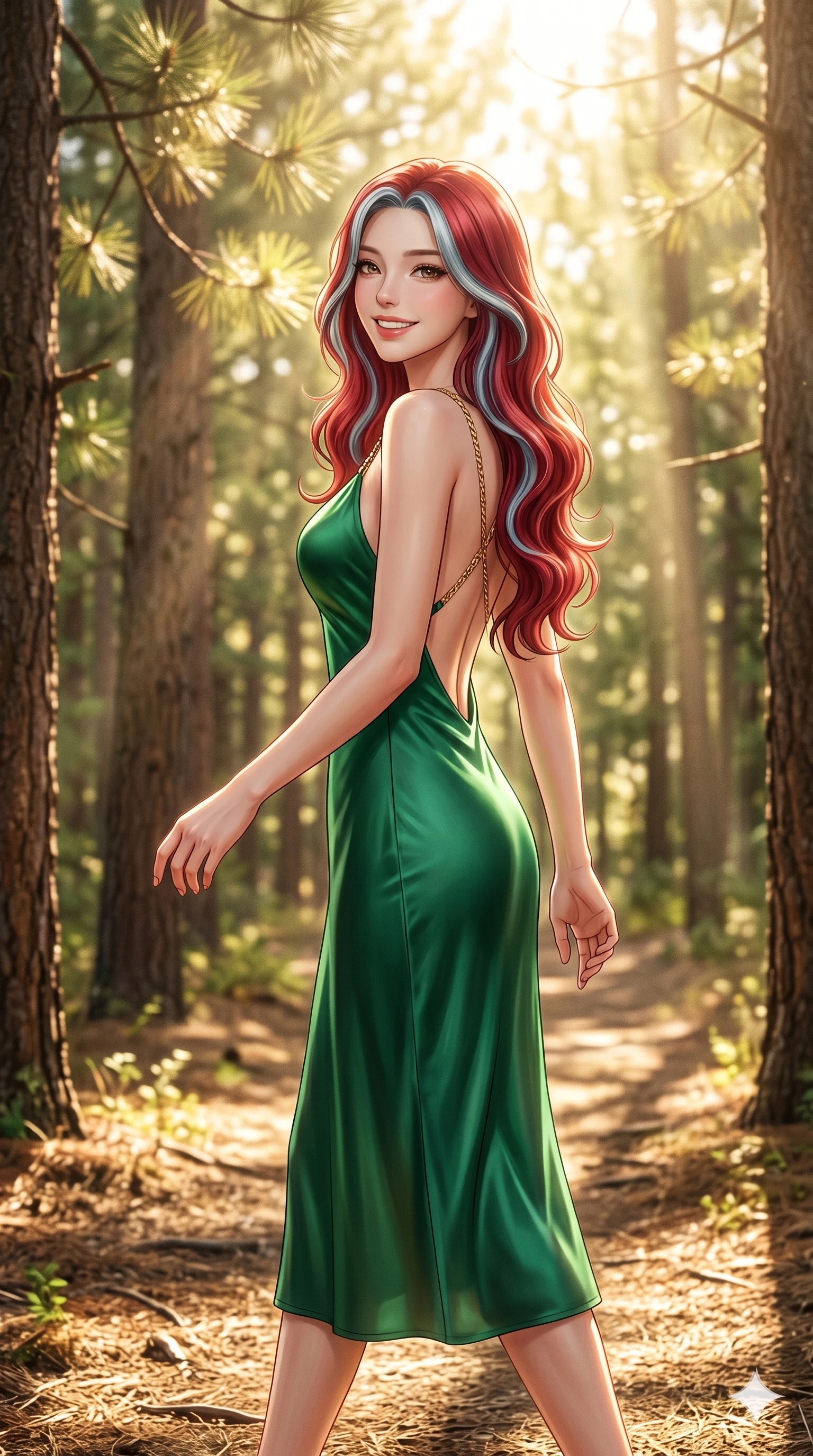 score_9, masterpiece, best quality, ultra-detailed, high-budget anime keyframe, editorial fashion photography, tasteful artistic composition, Caucasian woman, strictly human ears. cowboy shot from the thighs up, character and outfit filling the frame for maximum editorial presence. turning around with a happy, beaming smile, her eyes full of warmth walking on a pathway through a sunlit pine forest. She has an absolutely perfect 8-heads proportion, an exceptionally tall and slender female figure with impossibly long slender legs and an ultra-slim waist. V-shaped jawline, high-bridge nose, intricate jewel-like eyes with depth, thick eyelashes, glossy lips with a natural sheen. wearing a green silk slip dress with an open-back design and delicate gold straps. bathed in brilliant morning sunshine filtering through the pine needles, creating soft rays. 2k, ultra detail, master piece, 9:16 ratio