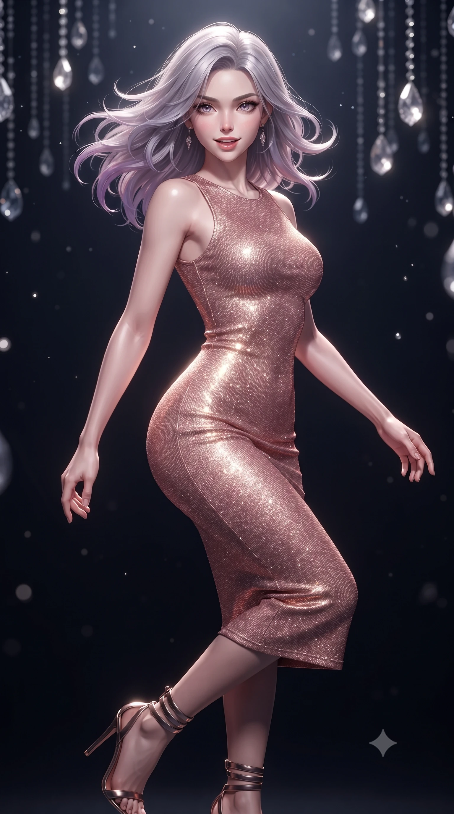 score_9, masterpiece, best quality, ultra-detailed, high-budget anime keyframe, editorial fashion photography, tasteful artistic composition, Caucasian woman. close-up cowboy shot from the waist and thighs up, the character dominates the composition, filling the frame with her large presence. turning slowly with an enchanting smoldering smile, her glossy hair tossing in the breeze as her hips angle gracefully in a captivating contrapposto while twisting her slender torso in an alluring contrapposto stance, ultra-bright specular highlights sculpting the line of her narrow waist and curvy hips against the black void. The background shows a soft-focus thousands of suspended crystal drops glittering in deep velvety darkness, dust particles dancing in the intense spotlight cone, blurred into diamond, platinum, and onyx bokeh. She has an exceptionally elegant, slender, and willowy female figure with an ultra-slim waist, flat toned midriff, narrow ribcage, and sculpted feminine hips creating an alluring, slim hourglass silhouette without bulk. sharp v-shaped jawline, high-bridge nose, intricate jewel-like sparkling eyes with depth, thick eyelashes, glossy parted lips with a natural peach sheen, bright cheerful beaming smile with an enchanting and coquettish sensual glint, exuding both youthful cute charm and seductive allure, flawlessly proportioned anatomical accuracy, strict slender model proportions, natural body alignment, perfectly sculpted long slender limbs, ultra-slim waistline, clean dynamic posture without body distortion. wearing a body-contouring metallic lurex knit column dress casting radiant starlight shimmer across her flat midriff in rose-quartz blush and burnished copper, woven from buttery-soft stretch lambskin leather adhering to her body like a second skin, complemented by strappy stiletto sandals with metallic ankle wraps accentuating her slender calves, the form-contouring silhouette accentuating her sculpted flat midriff, narrow delicate ribcage, and gracefully curvy hips with intoxicating allure. bathed in an intense solitary 6000K theatrical follow-spot contrasted with total velvety obsidian shadow. ultra-reflective glossy finish, specular highlights, rich textural contrasts, high-contrast stereoscopic depth, volumetric dynamic lighting, 2k, ultra detail, master piece, 9:16 ratio