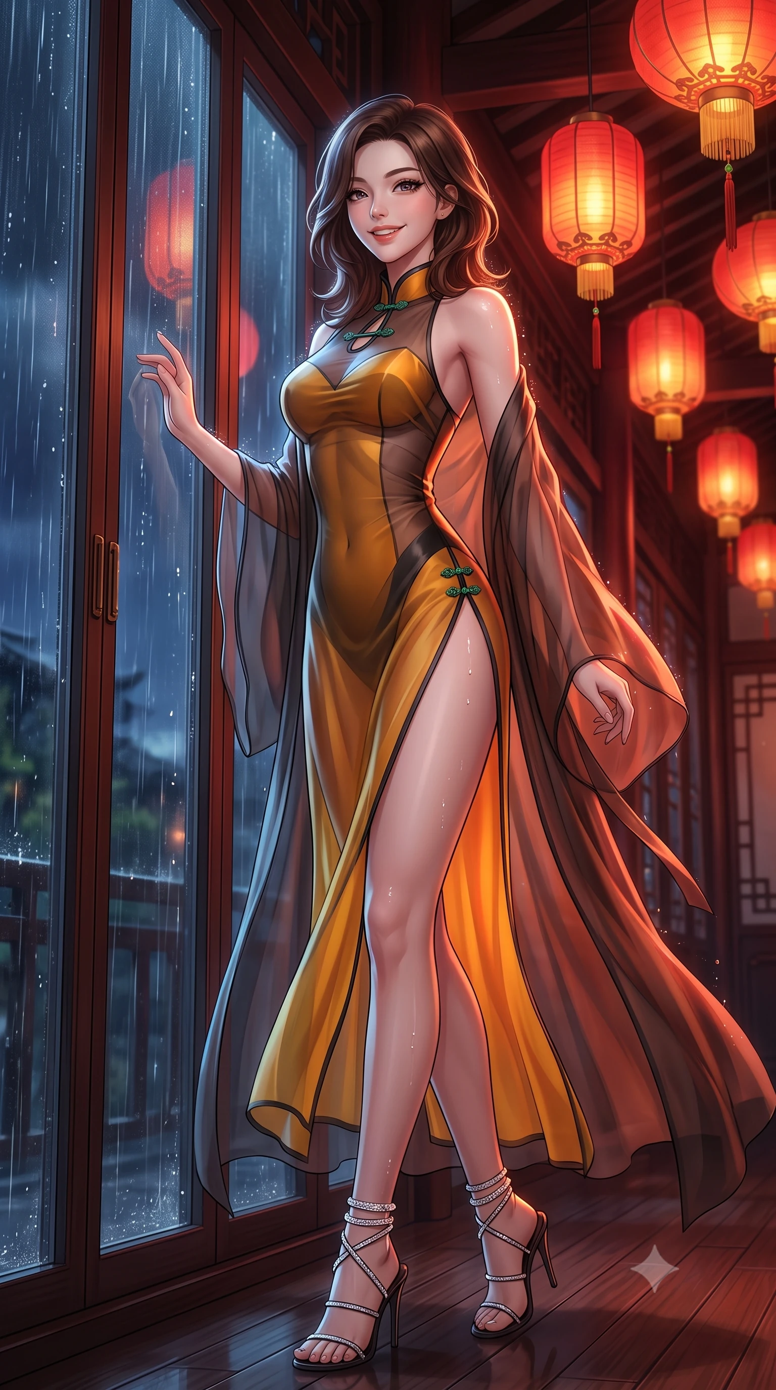 score_9, masterpiece, best quality, ultra-detailed, high-budget anime keyframe, semi-realistic 3D game render, editorial fashion photography, tasteful artistic composition, Korean woman. low angle full-body shot from head to toe showing her feet, filling the entire 9:16 vertical frame with her statuesque presence, stretching her vertical silhouette. posing in a classic haute-couture S-curve stance beside the floor-to-ceiling window, looking over a bare shoulder with magnetic presence while twisting her slender torso in an alluring S-curve, glistening rain droplets and lantern light tracing her dewy skin and narrow waist. The surrounding environment is rendered in vivid detail and crisp panoramic clarity: detailed alluring semi-sheer silk chiffon boudoir peignoir drape, jade button accents, and heritage architecture in razor-sharp precision. She has an exceptionally tall and slender model-like 8.5-heads proportion, an ultra-slim waist, a flat toned midriff, narrow delicate ribcage, and beautifully sculpted feminine hips creating a graceful, slim hourglass silhouette without any bulky heaviness, with impossibly long slender legs. sharp v-shaped jawline, high-bridge nose, intricate jewel-like sparkling eyes with depth, thick eyelashes, glossy parted lips with a natural peach sheen, bright cheerful beaming smile with an enchanting and coquettish sensual glint, exuding both youthful cute charm and seductive allure, flawlessly proportioned anatomical accuracy, strict slender model proportions, natural body alignment, perfectly sculpted long slender limbs, ultra-slim waistline, clean dynamic posture without body distortion. wearing a provocative sheer silk organza modern qipao dress with dramatic hip-high side slits and translucent mesh frog-button bodice in Hakone steaming sulfur amber and volcanic basalt black, crafted from translucent silk organza with an ethereal crystalline sheen, complemented by strappy stiletto sandals with crystal ankle wraps accentuating her slender calves, the form-contouring silhouette accentuating her sculpted flat midriff, narrow delicate ribcage, and gracefully curvy hips with intoxicating allure. bathed in the romantic red-and-gold 2200K glow of hanging silk lanterns contrasted with deep midnight rain ambient. highly saturated vibrant anime colors, detailed shading with soft gradients, rich glossy textures, high-contrast stereoscopic depth, volumetric dynamic lighting, master piece, 9:16 ratio