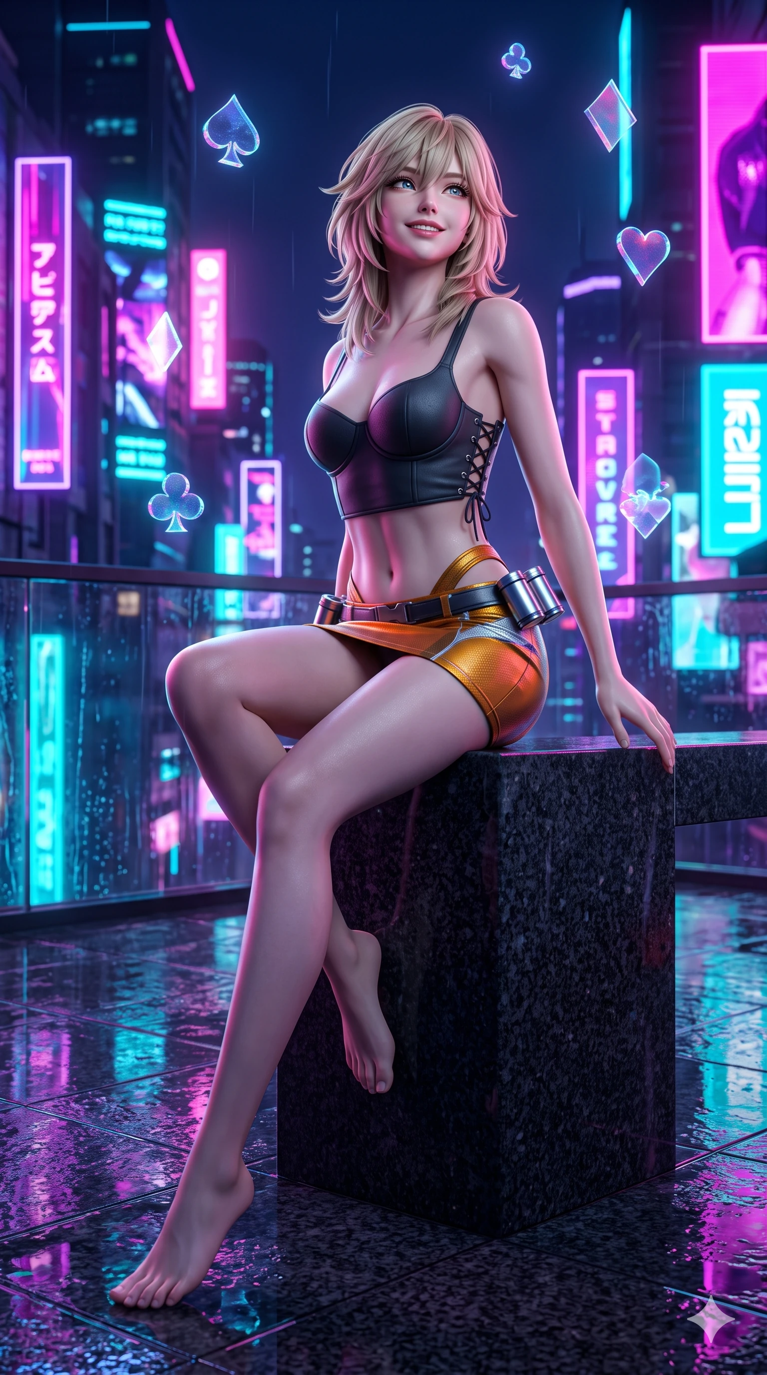 score_9, masterpiece, best quality, ultra-detailed, high-budget anime keyframe, semi-realistic 3D game render, editorial fashion photography, tasteful artistic composition, Japanese woman. low angle full-body shot from head to toe showing her feet, filling the entire 9:16 vertical frame with her statuesque presence, stretching her vertical silhouette. sitting poised on the polished granite dais with one knee bent, arching her spine with supermodel elegance as she glances upward through thick eyelashes while twisting her slender torso in an alluring contrapposto, vibrant magenta and electric cyan billboard glows tracing her narrow waist and curvy hips. The surrounding environment is rendered in vivid detail and crisp panoramic clarity: sharp neon signage glass tube reflections, wet terrace glass floor reflections, and floating digital card suits in deep focus. She has an absolutely perfect, statuesque 8.5-heads proportion, an exceptionally tall and slender model-like female figure with impossibly long slender legs, an ultra-slim waist, a flat toned midriff, narrow delicate ribcage, and beautifully sculpted feminine hips creating a graceful, slim hourglass silhouette without any bulky heaviness. sharp v-shaped jawline, high-bridge nose, intricate jewel-like sparkling eyes with depth, thick eyelashes, glossy parted lips with a natural sheen, bright confident smile with an enchanting and coquettish sensual glint, exuding both youthful magnetic charm and sovereign high-tech allure, flawlessly proportioned anatomical accuracy, strict slender model proportions, natural body alignment, perfectly sculpted long slender limbs, ultra-slim waistline, clean dynamic posture without body distortion. wearing a sculpted matte carbon underwire crop bustier with lace-up side ties paired with a low-rise micro skirt in cosmic eclipse amber and starlight diamond, made of flexible bullet-resistant ballistic microfiber with high-tensile strength, accented with a sleek utility belt with polished magnetic canisters resting loosely on her curvy hips, the precision-cut side openings and low-back scoop framing her graceful spine and the sensual sweep of her slim, toned hips. bathed in the vibrant, highly saturated glow of magenta, electric cyan, and ultraviolet neon billboards. highly saturated vibrant anime colors, detailed shading with soft gradients, rich glossy textures, high-contrast stereoscopic depth, volumetric dynamic lighting, master piece, 9:16 ratio