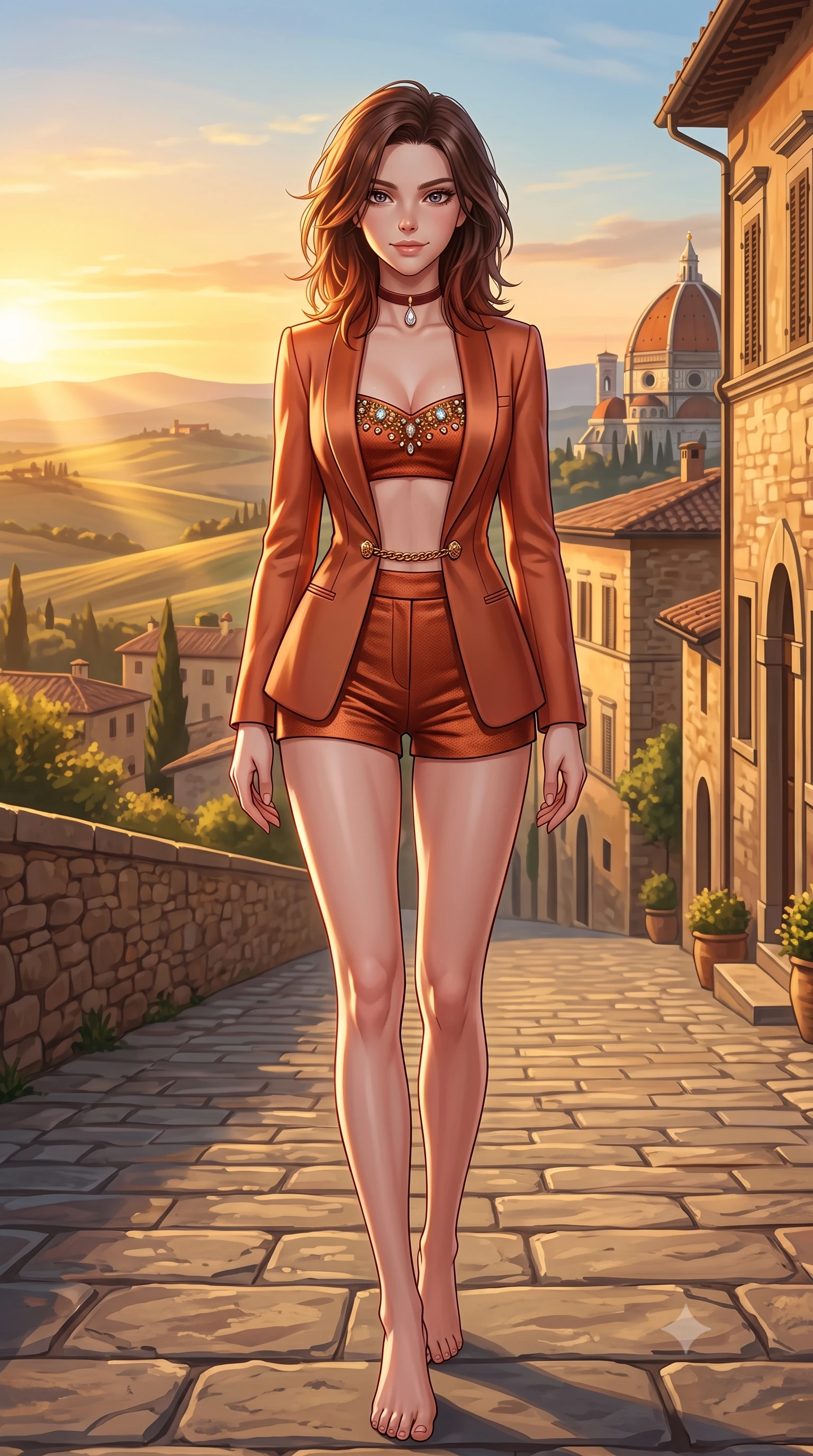 score_9, masterpiece, best quality, ultra-detailed, high-budget anime keyframe, semi-realistic 3D game render, editorial fashion photography, tasteful artistic composition, Korean woman. low angle full-body shot from head to toe showing her feet, filling the entire 9:16 vertical frame with her statuesque presence, stretching her vertical silhouette. stepping slowly toward the camera with hypnotic grace, hips swaying in an alluring sensual rhythm that accentuates her curvy hourglass silhouette and long slender legs while twisting her slender torso in an alluring contrapposto stance, warm Tuscan breeze fluttering her gown around her long slender legs and curvy hips. The surrounding environment is rendered in vivid detail and crisp panoramic clarity: detailed plunging cowl-neck liquid silk gown cling, gold waist chain shine, and Renaissance Italian architecture in razor-sharp precision. She has an absolutely perfect, statuesque 8.5-heads proportion, an exceptionally tall and slender model-like female figure with impossibly long slender legs, an ultra-slim waist, a flat toned midriff, narrow delicate ribcage, and beautifully sculpted feminine hips creating a graceful, slim hourglass silhouette without any bulky heaviness. sharp v-shaped jawline, high-bridge nose, sparkling eyes with hypnotic seductive depth, thick curled eyelashes, glossy parted lips with a natural dewy peach sheen, alluring bedroom-eyes with an enchanting coquettish smile, exuding magnetic siren charisma and sophisticated glamour, flawlessly proportioned anatomical accuracy, strict slender model proportions, natural body alignment, perfectly sculpted long slender limbs, ultra-slim waistline, clean dynamic posture without body distortion. wearing a tailored open-front satin smoking jacket worn over a jewel-embellished bandeau and micro-shorts in sun-drenched Tuscan terracotta and burnished copper, tailored from fine structural neoprene with crisp architectural edges and smooth contouring, finished with a thin velvet ribbon choker and a single teardrop diamond pendant, the second-skin tailored fabric adhering flawlessly to her sculpted flat midriff and slender torso, emphasizing her long leg lines and perfectly proportioned willowy build. bathed in the deep, rich golden hour sunlight streaming horizontally across the Tuscan rolling hills. highly saturated vibrant anime colors, detailed shading with soft gradients, rich glossy textures, high-contrast stereoscopic depth, volumetric dynamic lighting, master piece, 9:16 ratio