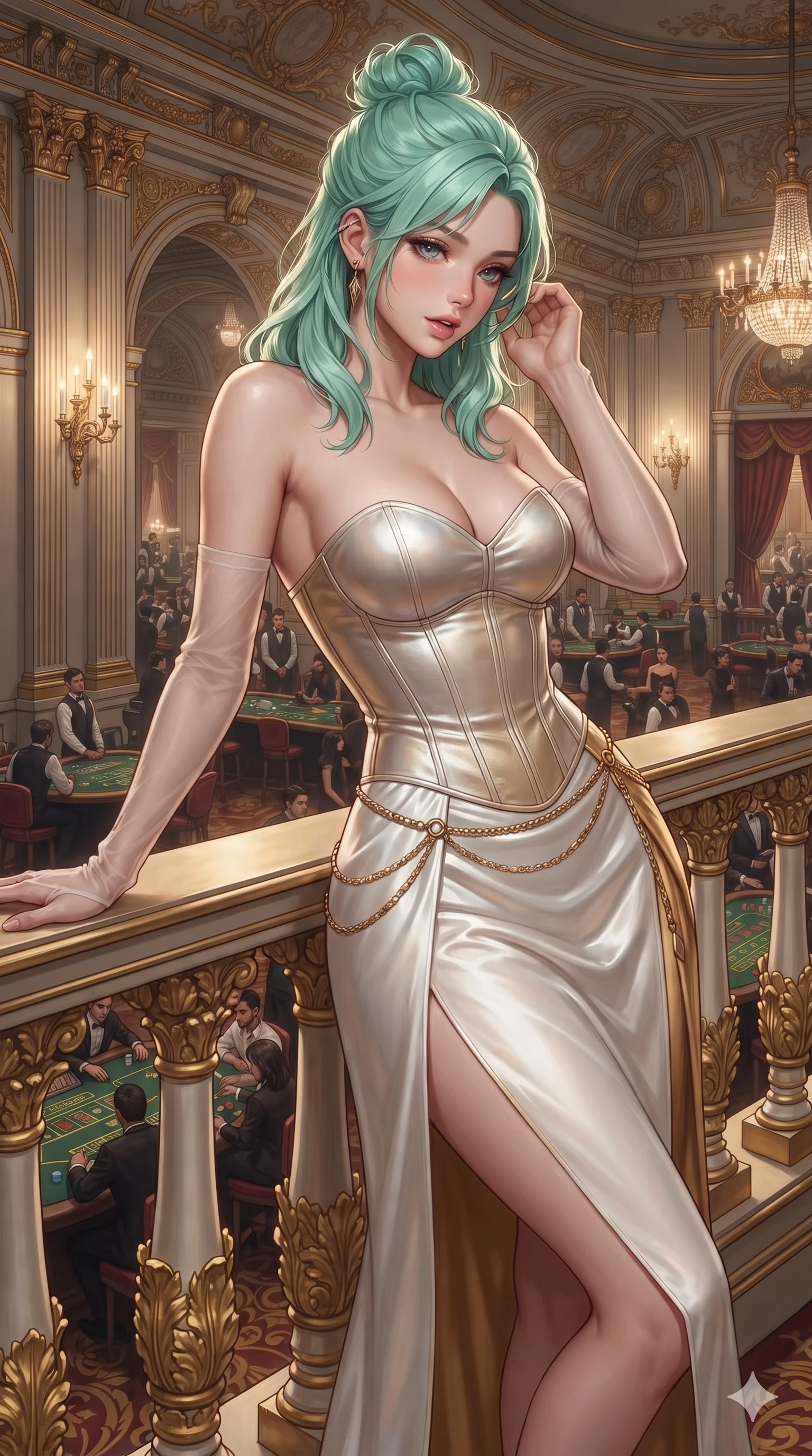 score_9, masterpiece, best quality, ultra-detailed, high-budget anime keyframe, editorial fashion photography, tasteful artistic composition, Japanese woman. close-up cowboy shot from the waist and thighs up, the character dominates the composition, filling the frame with her large presence. gently brushing a lock of hair behind her ear while casting a playful, flirtatious side-gaze with long eyelashes while leaning deep against the gilded balcony rail with hips cocked back, looking down at the bustling gaming hall with an unapologetically alluring sovereign gaze. The surrounding environment is rendered in vivid detail and crisp panoramic clarity: detailed garment drape, second-skin fit, and monumental neoclassical palace ornamentation in high resolution. She has an exceptionally elegant, slender, and willowy female figure with an ultra-slim waist, flat toned midriff, narrow ribcage, and sculpted feminine hips creating an alluring, slim hourglass silhouette without bulk. sharp v-shaped jawline, high-bridge nose, intricate jewel-like eyes with depth, thick eyelashes, glossy parted lips with a natural sheen, intensely captivating and seductive bedroom-eyes expression, flawlessly proportioned anatomical accuracy, strict slender model proportions, natural body alignment, perfectly sculpted long slender limbs, ultra-slim waistline, clean dynamic posture without body distortion. wearing a strapless velvet column gown with deep side slit, metallic leather corset bodice, and sheer opera gloves in pure alabaster white and sun-kissed gold, tailored from ultra-smooth duchess satin with a pearlescent sheen, accented with a delicate gold chain belt resting loosely on her curvy hips, the impeccably tailored cut draping gracefully along her slender figure with aristocratic poise. bathed in dramatic moody rim lighting from the grand hall below contrasted with intimate warm balcony sconce light. ultra-reflective glossy finish, specular highlights, rich textural contrasts, high-contrast stereoscopic depth, volumetric dynamic lighting, 2k, ultra detail, master piece, 9:16 ratio