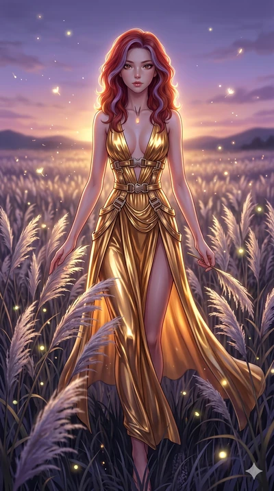 score_9, masterpiece, best quality, ultra-detailed, High-budget Anime Keyframe, East Asian woman. Dynamic full-body shot stretching the vertical silhouette to the limit. Scenario 288: Walking through a field of tall silver grass at twilight. Her pres