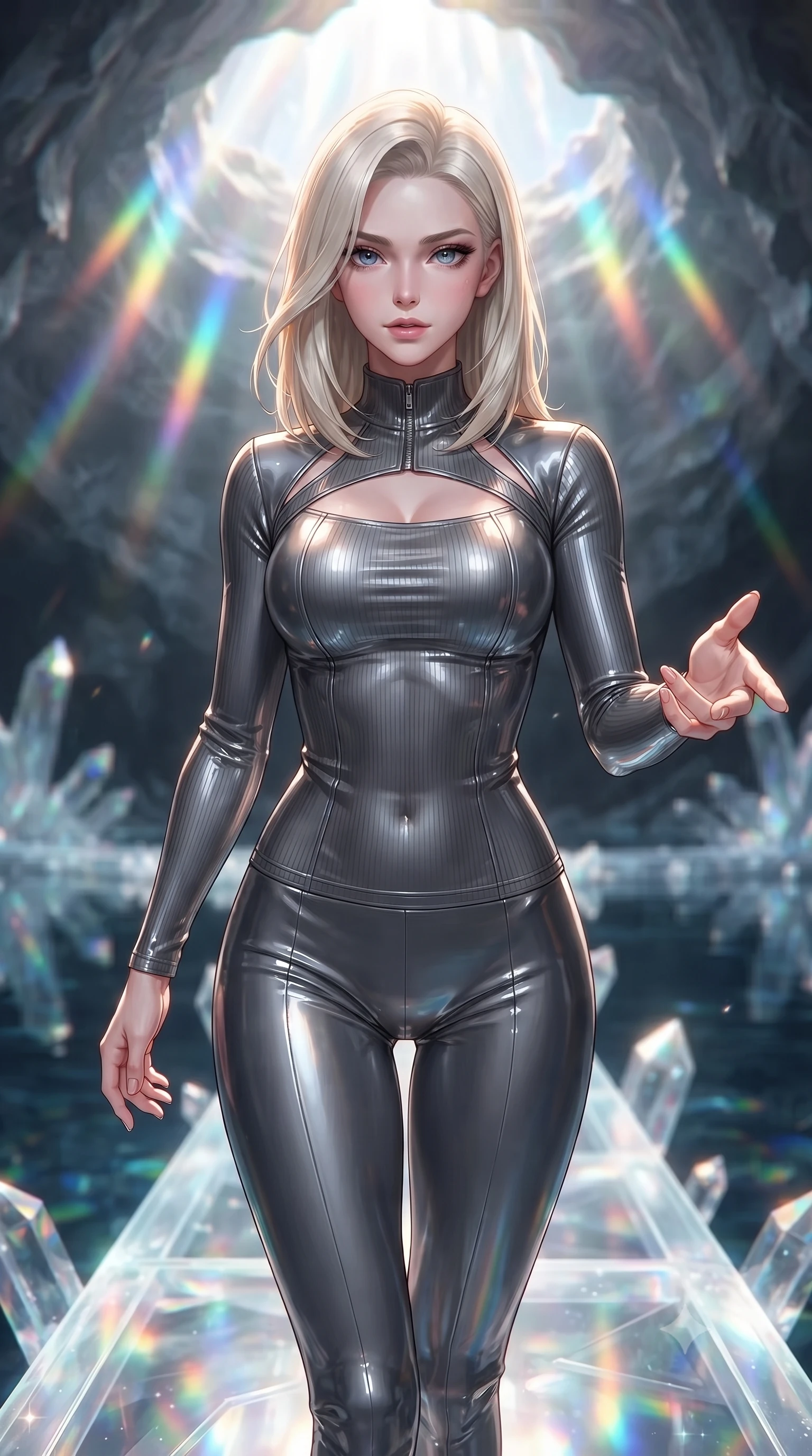 score_9, masterpiece, best quality, ultra-detailed, high-budget anime keyframe, editorial fashion photography, tasteful artistic composition, Caucasian woman. close-up cowboy shot from the waist and thighs up, the character dominates the composition, filling the frame with her large presence, background elements kept in soft focus. Reaching one hand gracefully toward the viewer with effortless superiority and allure stepping along a glowing quartz crystal bridge over a subterranean mirror lake, sharp crystalline reflections creating an opulent, jewel-like ambience. She has an exceptionally elegant, slender, and willowy female figure with an ultra-slim waist, a gracefully sculpted slender torso, and a refined silhouette. sharp v-shaped jawline, high-bridge nose, intricate jewel-like eyes with depth, thick eyelashes, glossy lips with a natural sheen. wearing a form-fitting ribbed activewear set with collar cutouts in charcoal grey and platinum, tailored from high-gloss patent leather, accented with a Tasteful chest slit framing her clavicle gracefully, the tailored fabric tightly following every curve of her athletic build. bathed in brilliant prismatic light filtering from a natural cavern skylight. ultra-reflective glossy finish, specular highlights, metallic sheen, high-contrast stereoscopic depth, volumetric dynamic lighting, 2k, ultra detail, master piece, 9:16 ratio