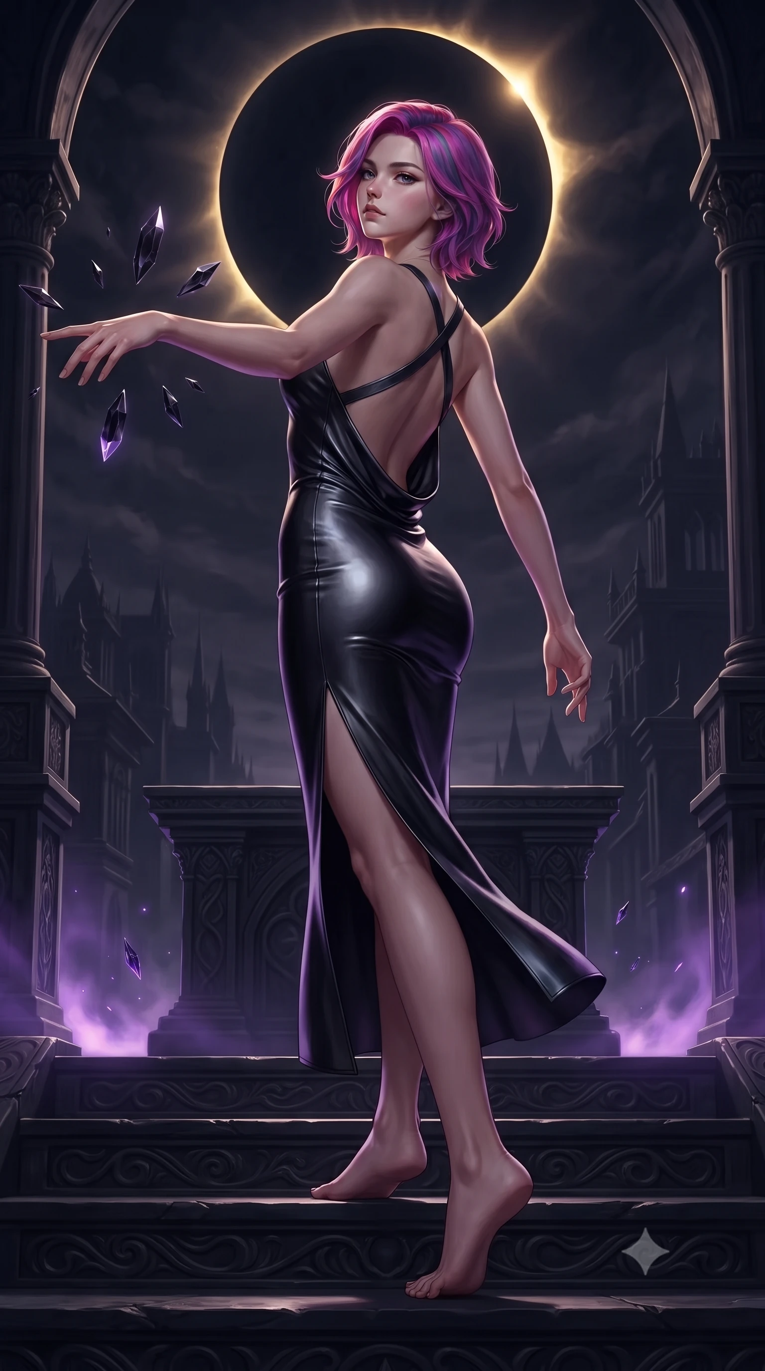 score_9, masterpiece, best quality, ultra-detailed, high-budget anime keyframe, editorial fashion photography, tasteful artistic composition, Caucasian woman. low angle full-body shot from head to toe showing her feet, filling the entire 9:16 vertical frame with her statuesque presence, stretching her vertical silhouette. arching her spine in a fluid zero-gravity turn with sovereign grace, her long slender legs and sculpted torso creating a sweeping line with provocative poise while stepping down the altar steps as hovering obsidian crystal shards orbit her outstretched fingers in slow motion. The surrounding environment is rendered in vivid detail and crisp panoramic clarity. dramatic chiaroscuro contrast between glowing eclipse light and dark mystical architecture in precision. She has an absolutely perfect, statuesque 8.5-heads proportion, an exceptionally tall and slender model-like female figure with impossibly long slender legs, a toned flat midriff, and an ultra-slim waist. sharp v-shaped jawline, high-bridge nose, intricate jewel-like eyes with depth, thick eyelashes, glossy lips with a natural sheen, flawlessly proportioned anatomical accuracy, strict slender model proportions, natural body alignment, perfectly sculpted long slender limbs, ultra-slim waistline, clean dynamic posture without body distortion. wearing a precision-fitted liquid jersey bodycon dress in obsidian black with a dramatic draped cowl back that swoops down to her waist and a high side slit in dark obsidian black with polished gunmetal accents, made of liquid metal jersey that clings flawlessly to every contour of her build, complemented by criss-cross back straps highlighting her completely bare spine, the form-contouring material adhering flawlessly to her sculpted flat midriff and slender torso, emphasizing her long leg lines and perfectly proportioned willowy build. bathed in glowing violet arcane energy uplights and sharp golden eclipse corona rim lighting. ultra-reflective glossy finish, specular highlights, dark metallic sheen, deep chiaroscuro contrast, volumetric dynamic shadow lighting, 2k, ultra detail, master piece, 9:16 ratio