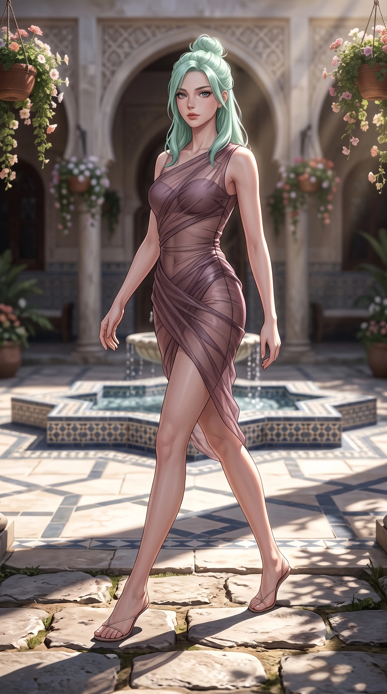 score_9, masterpiece, best quality, ultra-detailed, high-budget anime keyframe, editorial fashion photography, tasteful artistic composition, Japanese woman woman. low angle full-body shot from head to toe showing her feet, filling the entire 9:16 vertical frame with her statuesque presence, stretching her vertical silhouette. stepping gracefully across a stone path in the garden the background shows a soft-focus a central courtyard with a tiled fountain, arches, and hanging flower pots. She has an absolutely perfect, statuesque 8.5-heads proportion, an exceptionally tall and slender model-like female figure with impossibly long slender legs and an ultra-slim waist. sharp v-shaped jawline, high-bridge nose, intricate jewel-like eyes with depth, thick eyelashes, glossy lips with a natural sheen. wearing a body-hugging sheer organza dress in dusty mauve, showing her slender torso and willowy silhouette. bright afternoon sunbeams casting high-contrast arch shadows on the tiled floor. 2k, ultra detail, master piece, 9:16 ratio