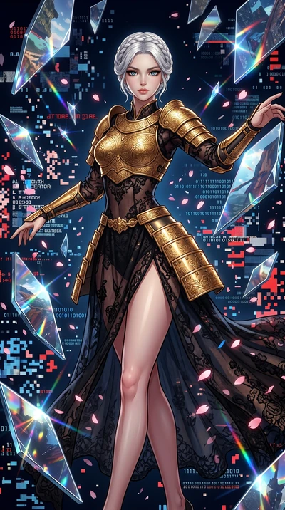 score_9, masterpiece, best quality, ultra-detailed, Set A: High-budget Anime Keyframe, Japanese woman. Upper body close-up from the thighs up, character filling the screen for maximum presence. Dancing through a dimension of floating mirrors, while a
