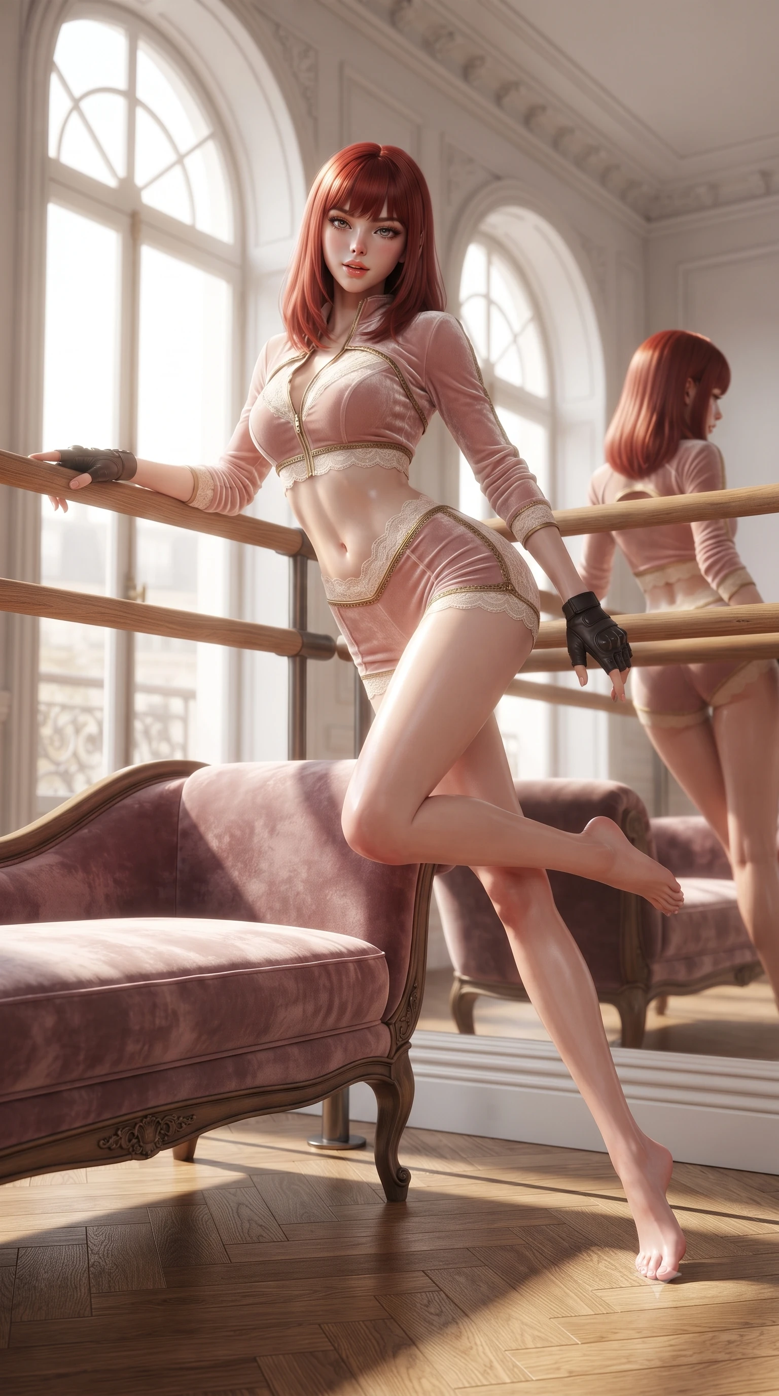 score_9, masterpiece, best quality, ultra-detailed, high-budget anime keyframe, editorial fashion photography, tasteful artistic composition, Caucasian woman. low angle full-body shot from head to toe showing her feet, filling the entire 9:16 vertical frame with her statuesque presence, stretching her vertical silhouette. reclining gracefully across the plush chaise lounge with one leg extended, her sculpted silhouette and flat midriff radiating magnetic nocturnal glamour while resting one hand on the wooden ballet barre while extending one long slender leg in an exquisite arabesque, arching her spine with dancer poise. The surrounding environment is rendered in vivid detail and crisp panoramic clarity: sharp polished wooden barre grain, oak parquet floor seams, and crystal clear mirror reflection in deep focus. She has an absolutely perfect, statuesque 8.5-heads proportion, an exceptionally tall and slender model-like female figure with impossibly long slender legs, an ultra-slim waist, a flat toned midriff, narrow delicate ribcage, and beautifully sculpted feminine hips creating a graceful, slim hourglass silhouette without any bulky heaviness. sharp v-shaped jawline, high-bridge nose, sparkling eyes with hypnotic seductive depth, thick curled eyelashes, glossy parted lips with a natural dewy peach sheen, alluring bedroom-eyes with an enchanting coquettish smile, exuding magnetic siren charisma and sophisticated glamour, flawlessly proportioned anatomical accuracy, strict slender model proportions, natural body alignment, perfectly sculpted long slender limbs, ultra-slim waistline, clean dynamic posture without body distortion. wearing a modern two-piece tactical siren set featuring a zip-front bolero jacket and curve-hugging compression hot-pants in blush ballerina pink and warm ivory lace with antique gold trims, tailored from ultra-plush velvet with rich tactile depth and deep shadow gradients, finished with fingerless matte leather tactical driving gloves with reinforced knuckles, the glove-like clinging cut tightly following the natural contour of her hips and long slender legs with youthful 8.5-heads elegance. bathed in radiant morning sunlight streaming through monumental Parisian arched windows. ultra-reflective glossy finish, specular highlights, rich textural contrasts, high-contrast stereoscopic depth, volumetric dynamic lighting, 2k, ultra detail, master piece, 9:16 ratio