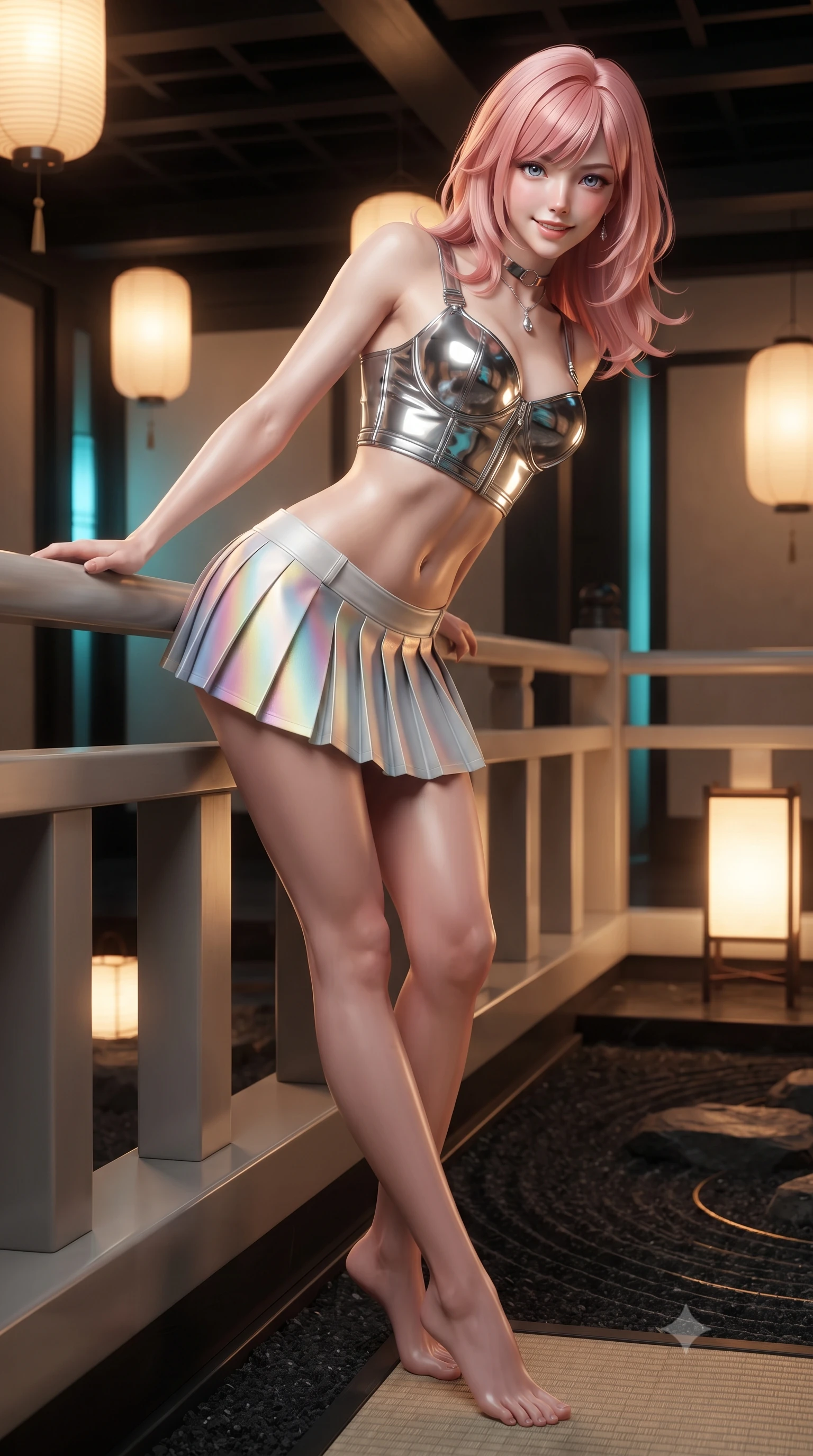 score_9, masterpiece, best quality, ultra-detailed, high-budget anime keyframe, editorial fashion photography, tasteful artistic composition, Japanese woman. low angle full-body shot from head to toe showing her feet, filling the entire 9:16 vertical frame with her statuesque presence, stretching her vertical silhouette. leaning deep against the balcony balustrade with hips cocked back in an unapologetically alluring high-fashion stance, casting an intoxicating glance while twisting her slender torso in an alluring S-curve beside the raked black stone garden, soft gold ambient lantern glows caressing her flat midriff and hourglass curves. The surrounding environment is rendered in vivid detail and crisp panoramic clarity: sharp woven black tatami border seams, hand-chiseled slate garden stones, and fine gold filigree lines in deep focus. She has an exceptionally tall and slender model-like 8.5-heads proportion, an ultra-slim waist, a flat toned midriff, narrow delicate ribcage, and beautifully sculpted feminine hips creating a graceful, slim hourglass silhouette without any bulky heaviness, with impossibly long slender legs. sharp v-shaped jawline, high-bridge nose, intricate jewel-like sparkling eyes with depth, thick eyelashes, glossy parted lips with a natural peach sheen, bright cheerful beaming smile with an enchanting and coquettish sensual glint, exuding both youthful cute charm and seductive allure, flawlessly proportioned anatomical accuracy, strict slender model proportions, natural body alignment, perfectly sculpted long slender limbs, ultra-slim waistline, clean dynamic posture without body distortion. wearing a chrome-plated tactical combat bustier top with reinforced underwire paired with a low-rise pleated micro combat skirt in solar-sail rainbow diffraction and titanium white, crafted from bespoke double-faced cashmere with an exceptionally soft tactile finish, finished with a minimalist chrome choker and a single teardrop diamond pendant, the bespoke structured tailoring following the natural line of her 8.5-heads silhouette with refined elegance. bathed in the warm radiant 2400K glow of concealed paper lanterns contrasted with subtle cyan cryo-vessel accent lights. ultra-reflective glossy finish, specular highlights, rich textural contrasts, high-contrast stereoscopic depth, volumetric dynamic lighting, 2k, ultra detail, master piece, 9:16 ratio