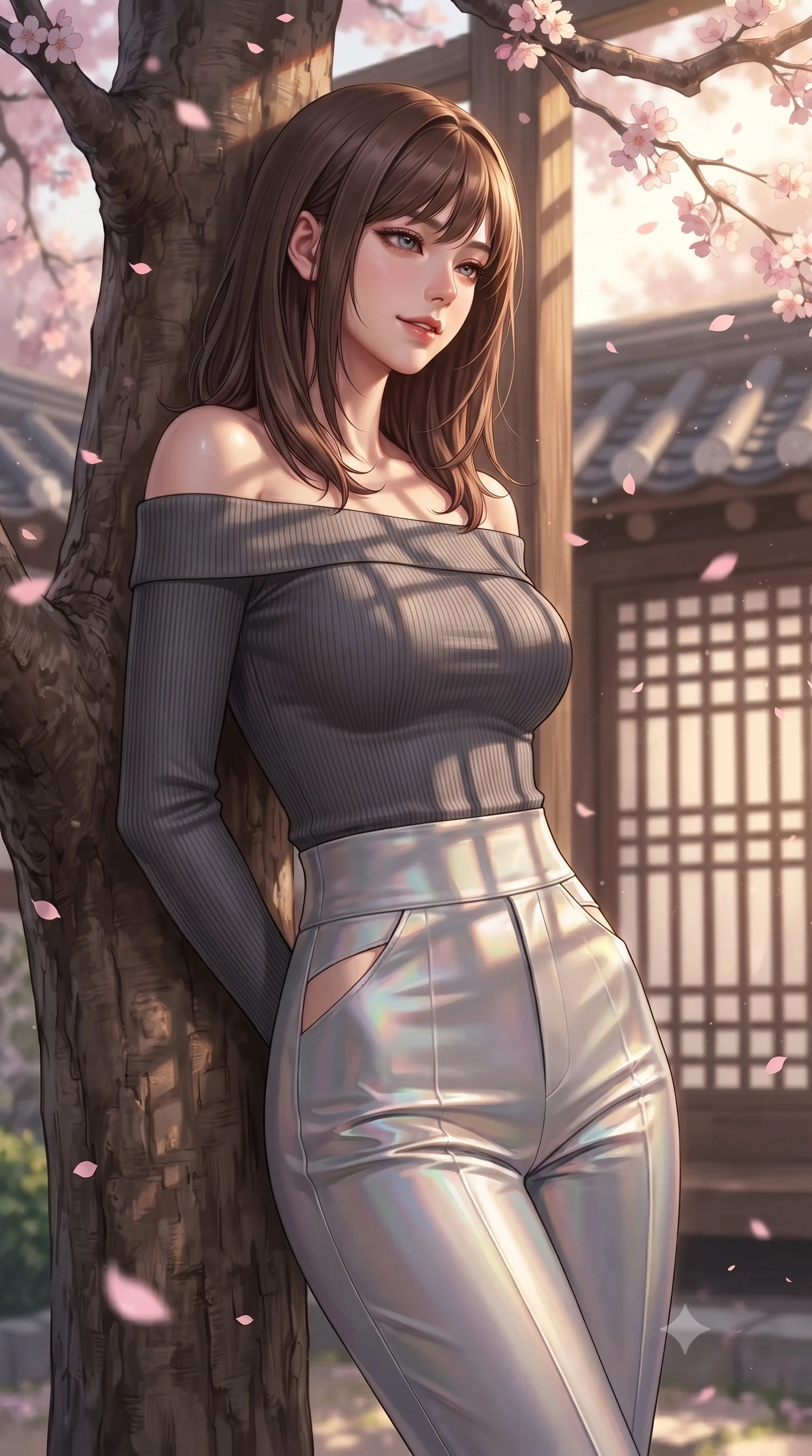 score_9, masterpiece, best quality, ultra-detailed, high-budget anime keyframe, editorial fashion photography, tasteful artistic composition, Korean woman. close-up cowboy shot from the waist and thighs up, the character dominates the composition, filling the frame with her large presence, background elements kept in soft focus. Glancing sidelong over her shoulder with a smoldering half-smile and heavy lashes resting against a courtyard cherry blossom tree as pink petals rain softly around her, golden hour sunbeams casting dramatic fence grid shadows on the roof deck. She has an exceptionally elegant, slender, and willowy female figure with an ultra-slim waist, a gracefully sculpted slender torso, and a refined silhouette. sharp v-shaped jawline, high-bridge nose, intricate jewel-like eyes with depth, thick eyelashes, glossy lips with a natural sheen. wearing a sleek off-shoulder ribbed knit top paired with high-waist tailored pants in charcoal grey and platinum, crafted from iridescent chiffon that shifts colors in the light, featuring subtle geometric cutouts that highlight her ultra-slim midriff, the form-contouring material highlighting her ultra-slim waist and long lines. surrounded by a serene, nostalgic golden aura with soft backlighting. ultra-reflective glossy finish, specular highlights, metallic sheen, high-contrast stereoscopic depth, volumetric dynamic lighting, 2k, ultra detail, master piece, 9:16 ratio