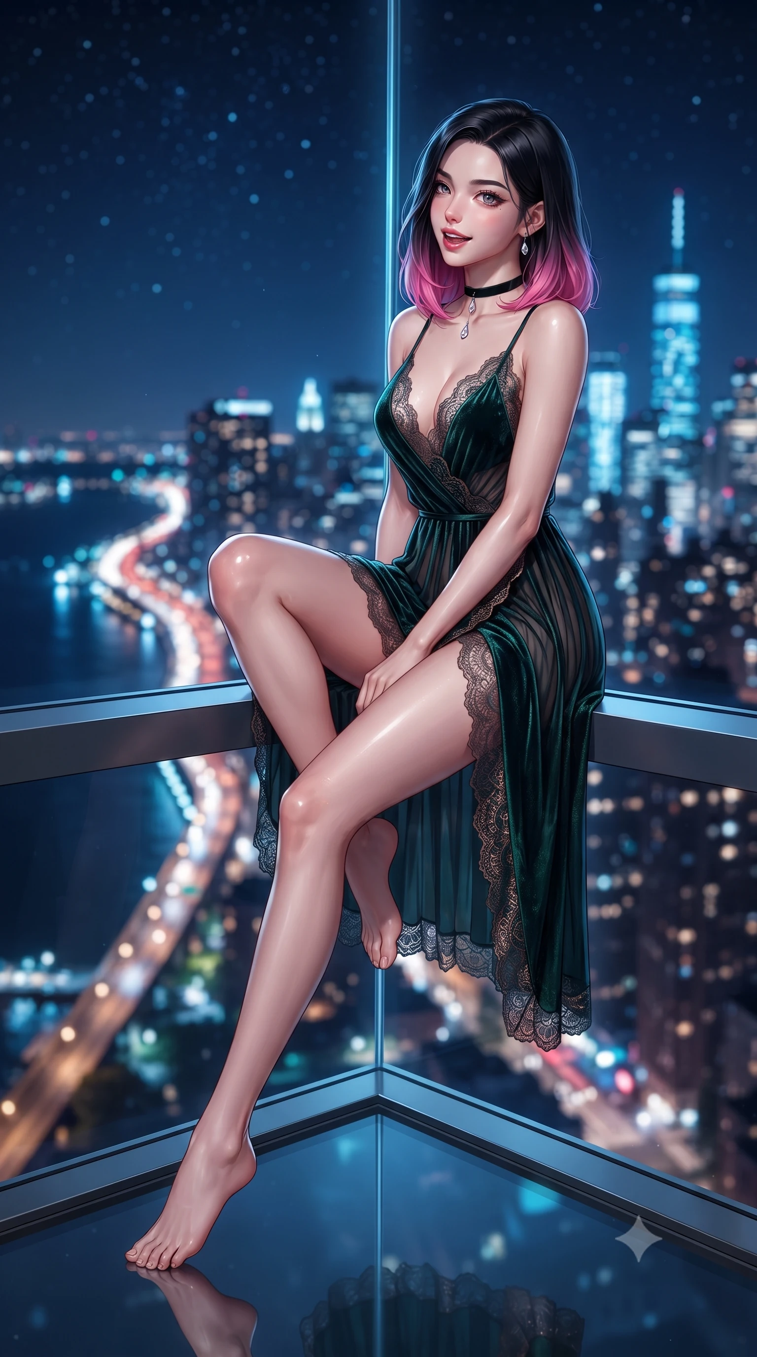 score_9, masterpiece, best quality, ultra-detailed, high-budget anime keyframe, editorial fashion photography, tasteful artistic composition, Korean woman. low angle full-body shot from head to toe showing her feet, filling the entire 9:16 vertical frame with her statuesque presence, stretching her vertical silhouette. executing a slow, graceful pivot turn as her skirt sways around her slender legs, glancing back with an enchanting, teasing sensual expression while sitting perched on the cantilevered glass window ledge with one knee drawn up, flashing an enchanting, playful smile with parted glossy lips. The background shows a soft-focus winding dark waters of Hudson River reflecting highway lamps, glittering Midtown Manhattan towers, and starry night sky blurred into electric sapphire, topaz, and cyan bokeh. She has an exceptionally tall and slender model-like 8.5-heads proportion, an ultra-slim waist, a flat toned midriff, narrow delicate ribcage, and beautifully sculpted feminine hips creating a graceful, slim hourglass silhouette without any bulky heaviness, with impossibly long slender legs. sharp v-shaped jawline, high-bridge nose, intricate jewel-like sparkling eyes with depth, thick eyelashes, glossy parted lips with a natural peach sheen, bright cheerful beaming smile with an enchanting and coquettish sensual glint, exuding both youthful cute charm and seductive allure, flawlessly proportioned anatomical accuracy, strict slender model proportions, natural body alignment, perfectly sculpted long slender limbs, ultra-slim waistline, clean dynamic posture without body distortion. wearing a form-contouring sheer pleated georgette baby-doll slip with plunging neckline and scalloped lace trim in deep emerald velvet and shimmering bronze, made of delicate semi-sheer French Chantilly lace with intricate eyelash edges, finished with a thin velvet ribbon choker and a single teardrop diamond pendant, the high-slit wrap tailoring accentuating her ultra-slim waistline and the enchanting curve of her feminine hips with alluring seductive charm. illuminated by floor reflection bounce and sharp platinum-cyan rim lights sculpting her cheekbones, flat midriff, and curvaceous hips. ultra-reflective glossy finish, specular highlights, rich textural contrasts, high-contrast stereoscopic depth, volumetric dynamic lighting, 2k, ultra detail, master piece, 9:16 ratio