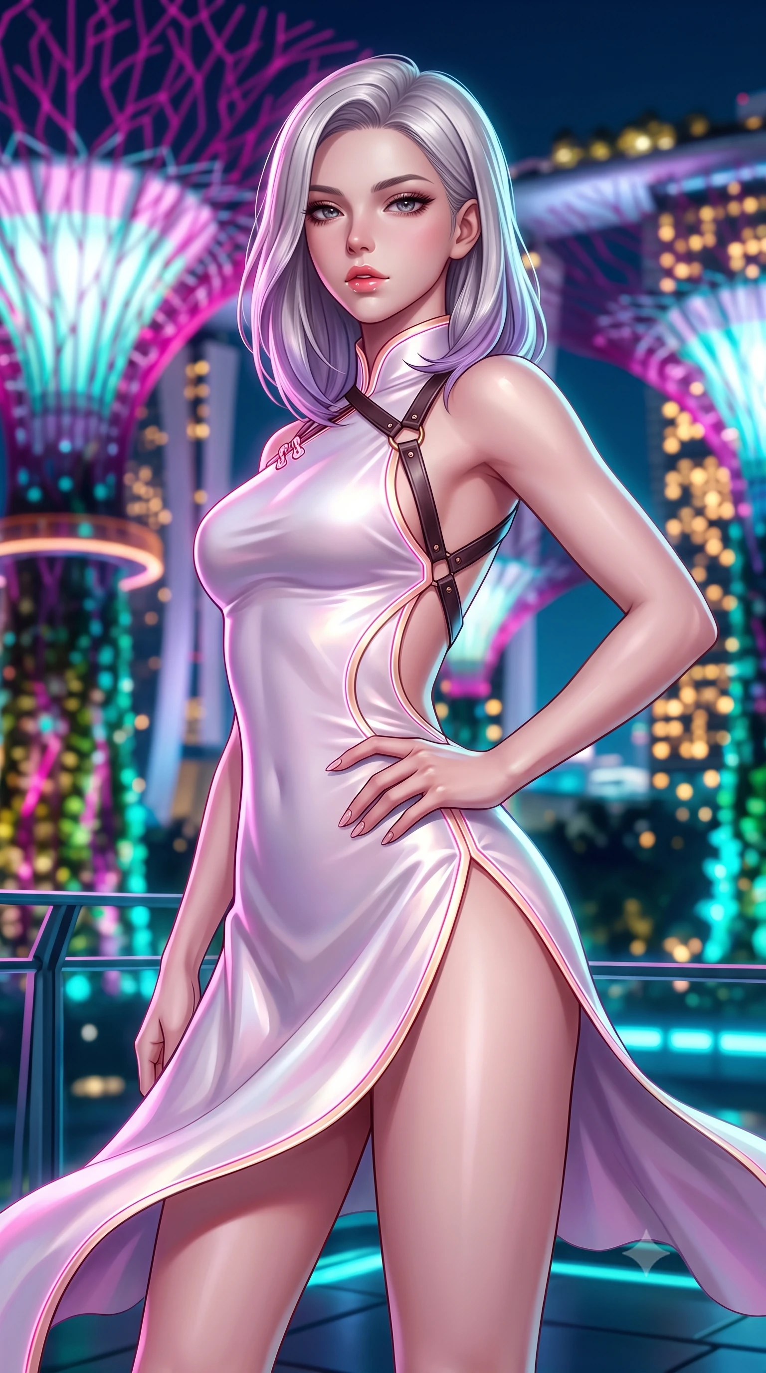 score_9, masterpiece, best quality, ultra-detailed, high-budget anime keyframe, semi-realistic 3D game render, editorial fashion photography, tasteful artistic composition, Caucasian woman. close-up cowboy shot from the waist and thighs up, the character dominates the composition, filling the frame with her large presence. resting one manicured hand delicately on her hip bone, her upper body turning in a fluid, seductive S-curve while parted lips glisten in the light while executing an elegant mid-motion turn as night winds whip her high-slit dress, her statuesque vertical presence dominating the futuristic panorama. The composition keeps background elements in soft focus with creamy bokeh. giant illuminated supertree bio-domes and Marina Bay Sands towers blurred into electric magenta, turquoise, and gold bokeh. She has an exceptionally elegant, slender, and willowy female figure with an ultra-slim waist, flat toned midriff, narrow ribcage, and sculpted feminine hips creating an alluring, slim hourglass silhouette without bulk. sharp v-shaped jawline, high-bridge nose, intricate jewel-like eyes with depth, thick eyelashes, glossy parted lips with a natural sheen, intensely captivating and seductive bedroom-eyes expression, flawlessly proportioned anatomical accuracy, strict slender model proportions, natural body alignment, perfectly sculpted long slender limbs, ultra-slim waistline, clean dynamic posture without body distortion. wearing a modernized cyber-qipao mini dress with an ultra-high side slit ascending to the hip and glowing piping in sakura blossom pink and warm ivory, tailored from ultra-smooth duchess satin with a pearlescent sheen, featuring an open-back criss-cross harness strap in dark leather, the precision-cut side openings and low-back scoop framing her graceful spine and the sensual sweep of her slim, toned hips. surrounded by a visionary, electrifying, and breathlessly magnificent eco-metropolis queen aura. highly saturated vibrant anime colors, detailed shading with soft gradients, rich glossy textures, high-contrast stereoscopic depth, volumetric dynamic lighting, master piece, 9:16 ratio