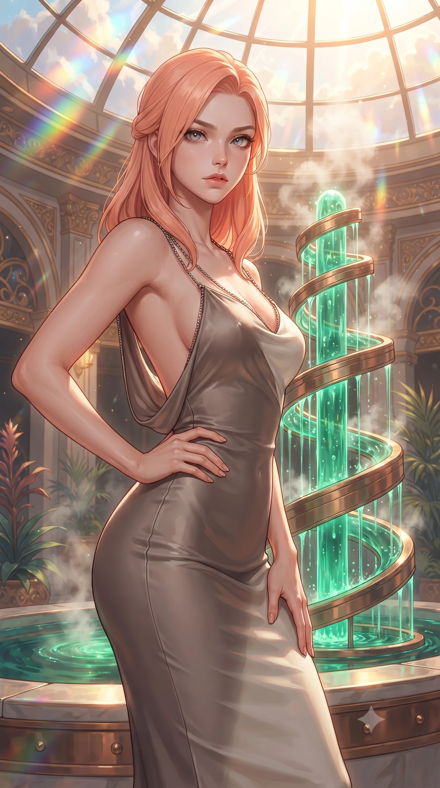 score_9, masterpiece, best quality, ultra-detailed, high-budget anime keyframe, editorial fashion photography, tasteful artistic composition, Japanese woman. close-up cowboy shot from the waist and thighs up, the character dominates the composition, filling the frame with her large presence, background elements kept in soft focus. Holding a confident power pose with one hand on her hip, gazing directly into the camera with quiet intensity standing by a hydro-flow spiral fountain flowing with bioluminescent emerald sap, steam clouds refracting sunlight into brilliant rainbow prisms. She has an exceptionally elegant, slender, and willowy female figure with an ultra-slim waist, a gracefully sculpted slender torso, and a refined silhouette. sharp v-shaped jawline, high-bridge nose, intricate jewel-like eyes with depth, thick eyelashes, glossy lips with a natural sheen. wearing a precision-fitted liquid jersey bodycon dress with a draped back in muted taupe and soft ivory, made of premium stretch velvet with a rich sheen, adorned with delicate metallic chain straps along the neckline, the sleek second-skin texture accentuating her magnetic presence. lit by warm golden-hour rays cascading through crystalline glass panes. ultra-reflective glossy finish, specular highlights, metallic sheen, high-contrast stereoscopic depth, volumetric dynamic lighting, 2k, ultra detail, master piece, 9:16 ratio