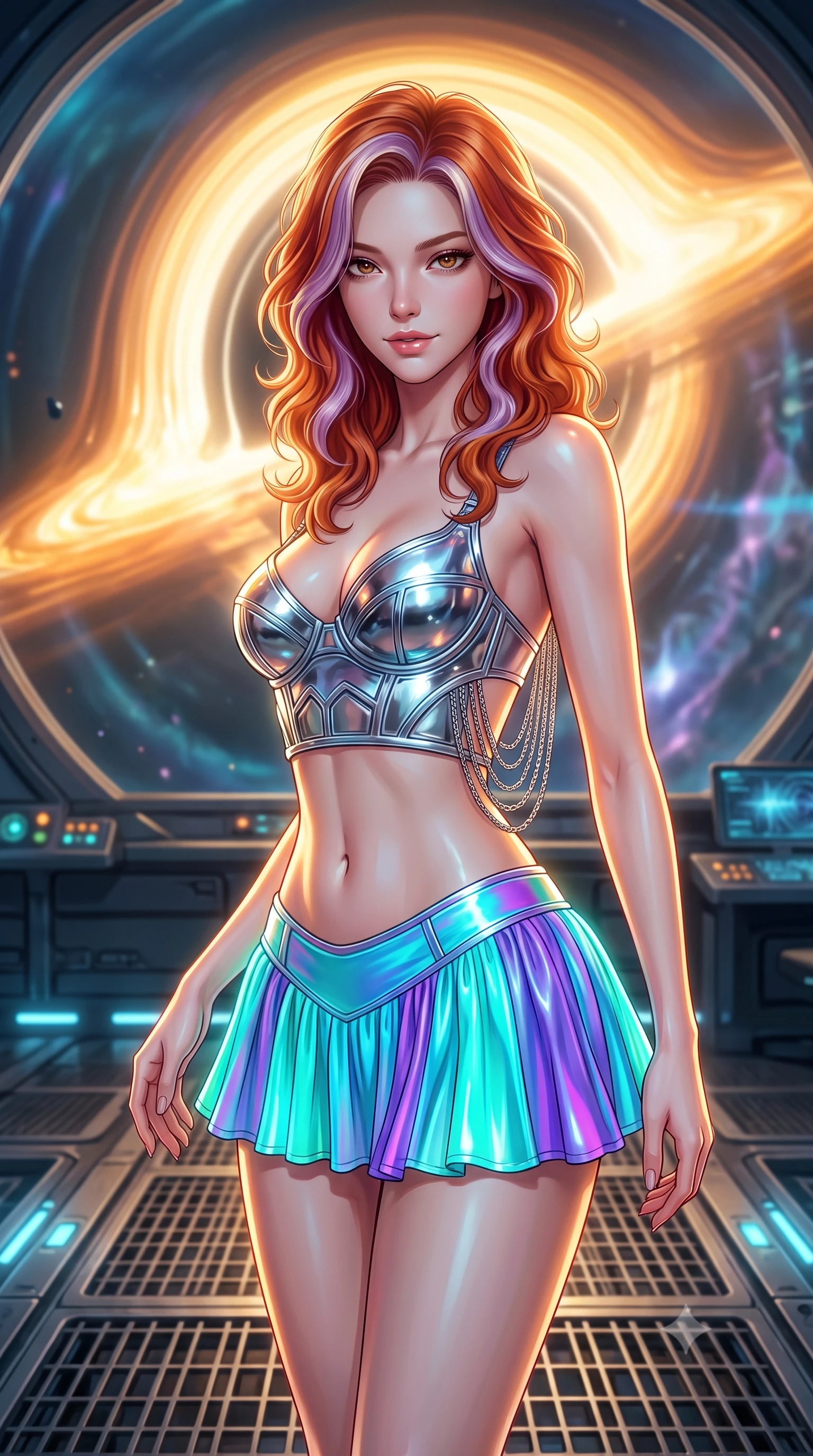 score_9, masterpiece, best quality, ultra-detailed, high-budget anime keyframe, editorial fashion photography, tasteful artistic composition, Caucasian woman. close-up cowboy shot from the waist and thighs up, the character dominates the composition, filling the frame with her large presence. leaning forward while arching her lower back to accentuate her curvy hips, looking into the camera with an intoxicating smoldering gaze and bedroom-eyes while standing poised on the cantilevered observation bridge before the monumental golden accretion disk of the singularity core, arching her lower back with sovereign supermodel grace. The background shows a soft-focus plasma containment field hum softened in quantum singularity observation bridge shallow focus. She has an exceptionally elegant, slender, and willowy female figure with an ultra-slim waist, flat toned midriff, narrow ribcage, and sculpted feminine hips creating an alluring, slim hourglass silhouette without bulk. sharp v-shaped jawline, high-bridge nose, intricate jewel-like sparkling eyes with depth, thick eyelashes, glossy parted lips with a natural peach sheen, bright cheerful beaming smile with an enchanting and coquettish sensual glint, exuding both youthful cute charm and seductive allure, flawlessly proportioned anatomical accuracy, strict slender model proportions, natural body alignment, perfectly sculpted long slender limbs, ultra-slim waistline, clean dynamic posture without body distortion. wearing a chrome-plated structured underwire bustier top paired with an ultra-short low-rise pleated micro mini skirt in Cheonggyecheon neon aqua and ultraviolet amethyst, made of fluid liquid jersey with seamless sculpting hold and smooth contours, accented with an open-back drape framed by falling strands of delicate chrome chains, the second-skin tailored fabric adhering flawlessly to her sculpted flat midriff and slender torso, emphasizing her long leg lines and perfectly proportioned willowy build. illuminated by console screen bounce and sharp relativistic gold rim lights defining her razor-sharp jawline, narrow waist, and curvy hips. ultra-reflective glossy finish, specular highlights, rich textural contrasts, high-contrast stereoscopic depth, volumetric dynamic lighting, 2k, ultra detail, master piece, 9:16 ratio