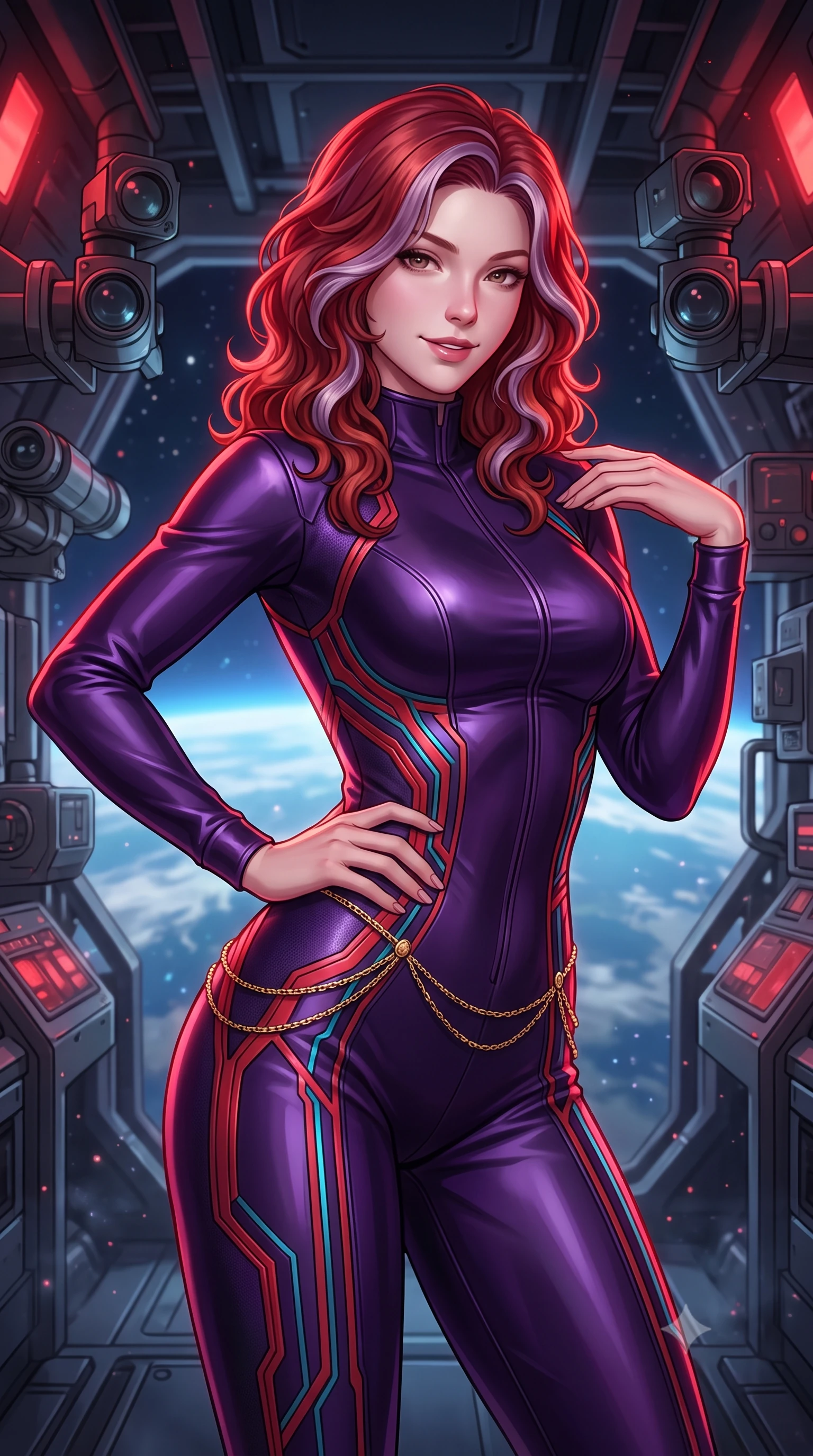 score_9, masterpiece, best quality, ultra-detailed, high-budget anime keyframe, semi-realistic 3D game render, editorial fashion photography, tasteful artistic composition, Caucasian woman. close-up cowboy shot from the waist and thighs up, the character dominates the composition, filling the frame with her large presence. tilting her head with a teasing half-smile, running one hand slowly down the side of her hip in a flirtatious S-curve as ambient light caresses her silhouette while standing poised on the heavy armored gun deck overlooking banks of targeting periscopes, arching her spine with breathtaking anime heroine allure as blast shutters open to the planet below. The background shows a soft-focus cool atmospheric particulate haze softened in orbital warship battery bridge shallow focus. She has an exceptionally elegant, slender, and willowy female figure with an ultra-slim waist, flat toned midriff, narrow ribcage, and sculpted feminine hips creating an alluring, slim hourglass silhouette without bulk. sharp v-shaped jawline, high-bridge nose, intricate jewel-like sparkling eyes with depth, thick eyelashes, glossy parted lips with a natural peach sheen, bright cheerful beaming smile with an enchanting and coquettish sensual glint, exuding both youthful cute charm and seductive allure, flawlessly proportioned anatomical accuracy, strict slender model proportions, natural body alignment, perfectly sculpted long slender limbs, ultra-slim waistline, clean dynamic posture without body distortion. wearing a form-fitting orbital flight command jumpsuit in dark purple liquid satin with a high collar, contouring tightly to her narrow waist and feminine hips in cyber-shinto vermilion and laser turquoise, tailored from high-density tech-wool with subtle metallic thread weave, accented with a dainty gold belly chain resting across her flat midriff and curving hips, the form-contouring silhouette accentuating her sculpted flat midriff, narrow delicate ribcage, and gracefully curvy hips with intoxicating allure. illuminated by gun deck reflection bounce and sharp ruby-red rim lights defining her jawline, narrow waist, and curvy hips. highly saturated vibrant anime colors, detailed shading with soft gradients, rich glossy textures, high-contrast stereoscopic depth, volumetric dynamic lighting, master piece, 9:16 ratio