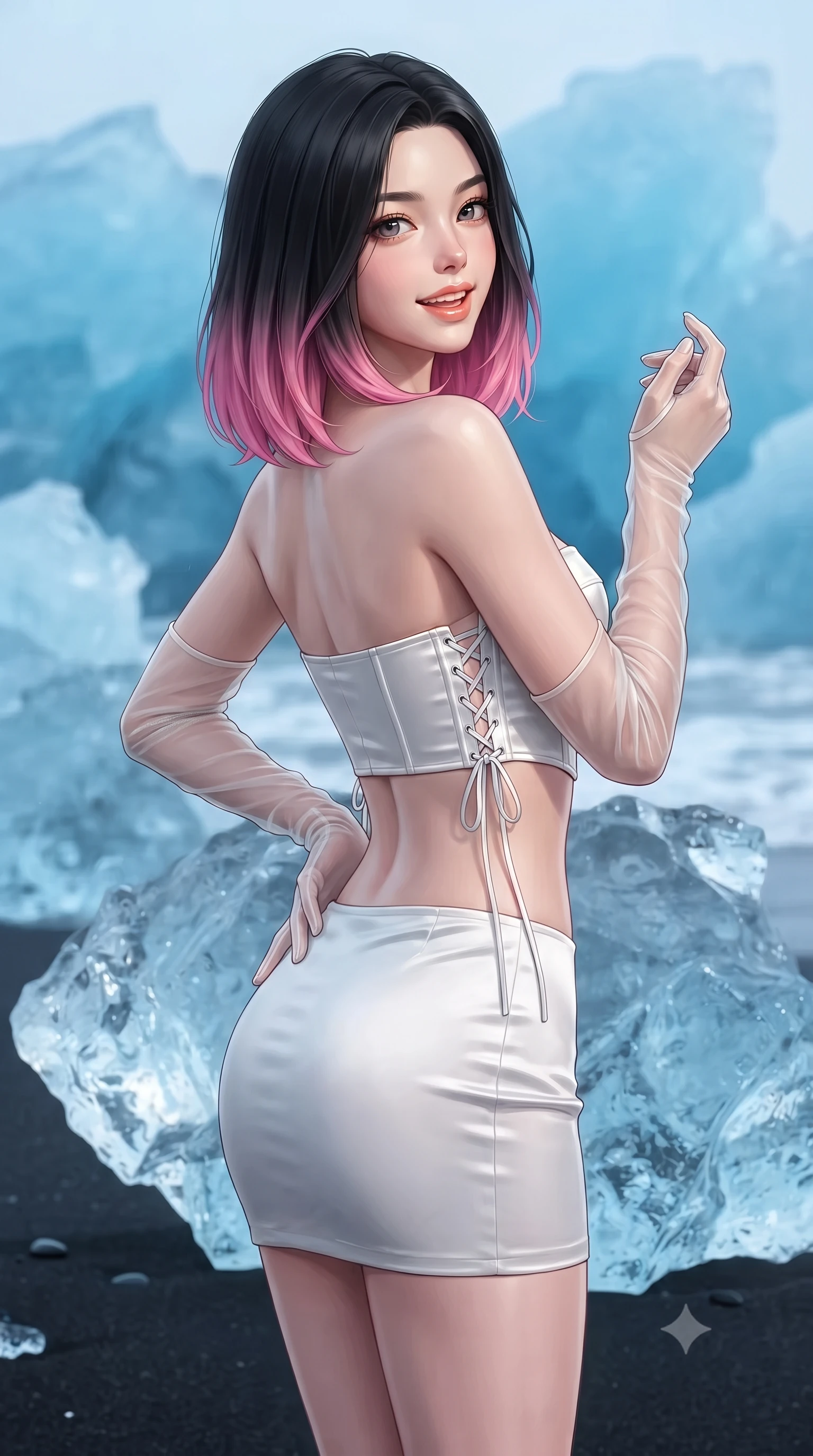 score_9, masterpiece, best quality, ultra-detailed, high-budget anime keyframe, editorial fashion photography, tasteful artistic composition, Korean woman. close-up cowboy shot from the waist and thighs up, the character dominates the composition, filling the frame with her large presence. posing in an alluring rear three-quarter angle, looking over a bare shoulder with parted glossy lips, her hips cocked back to highlight her slim hourglass curve while standing poised on the pristine black sand beside colossal diamond-clear translucent icebergs glowing like cut crystal, arching her lower back with regal high-fashion grace. The background shows a soft-focus fine glacial ocean spray softened in surreal Nordic iceberg sanctuary shallow focus. She has an exceptionally elegant, slender, and willowy female figure with an ultra-slim waist, flat toned midriff, narrow ribcage, and sculpted feminine hips creating an alluring, slim hourglass silhouette without bulk. sharp v-shaped jawline, high-bridge nose, intricate jewel-like sparkling eyes with depth, thick eyelashes, glossy parted lips with a natural peach sheen, bright cheerful beaming smile with an enchanting and coquettish sensual glint, exuding both youthful cute charm and seductive allure, flawlessly proportioned anatomical accuracy, strict slender model proportions, natural body alignment, perfectly sculpted long slender limbs, ultra-slim waistline, clean dynamic posture without body distortion. wearing a sculpted satin underwire crop bustier with lace-up side ties paired with a micro skirt in pure translucent crystal white and liquid platinum, crafted from bespoke double-faced cashmere with an exceptionally soft tactile finish, complemented by sheer opera-length evening gloves tracing her slender arms, the form-contouring silhouette accentuating her sculpted flat midriff, narrow delicate ribcage, and gracefully curvy hips with intoxicating allure. bathed in the crisp 5500K silver twilight luminance reflecting through transparent blue glacial ice sculptures. ultra-reflective glossy finish, specular highlights, rich textural contrasts, high-contrast stereoscopic depth, volumetric dynamic lighting, 2k, ultra detail, master piece, 9:16 ratio