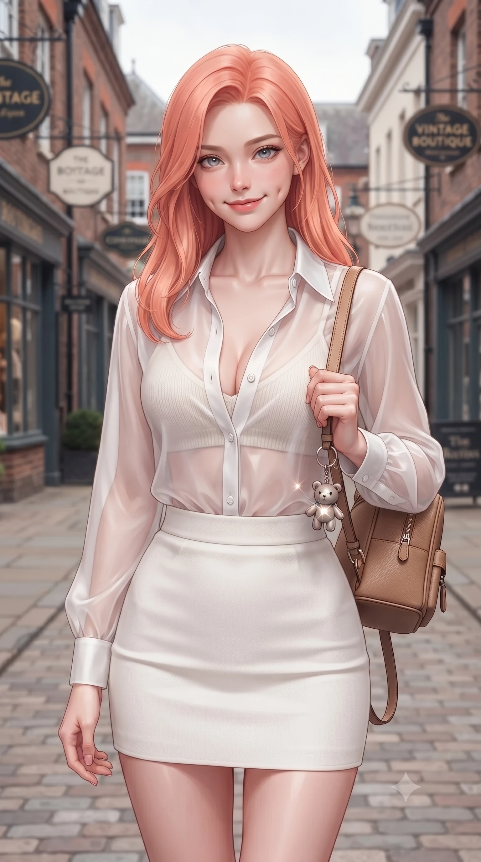 score_9, masterpiece, best quality, ultra-detailed, high-budget anime keyframe, editorial fashion photography, tasteful artistic composition, Japanese woman. close-up cowboy shot from the waist and thighs up, the character dominates the composition, filling the frame with her large presence, background elements kept in soft focus. smiling with soft, captivating dimples, casting a warm yet magnetic gaze directly into the lens set against a soft-focus background of walking along a historic street lined with brick boutiques and vintage signs holding a cute key ring attached to her small backpack. She has an exceptionally elegant, slender, and willowy female figure with an ultra-slim waist, a gracefully sculpted slender torso, and a refined silhouette. sharp v-shaped jawline, high-bridge nose, intricate jewel-like eyes with depth, thick eyelashes, glossy lips with a natural sheen. wearing tailored sheer chiffon button-up shirt in white, worn over a slim-fit knit bralette and a mini skirt. cool midday daylight creating a clean, high-key editorial look in the plaza. ultra-reflective glossy finish, specular highlights, metallic sheen, high-contrast stereoscopic depth, volumetric dynamic lighting, 2k, ultra detail, master piece, 9:16 ratio