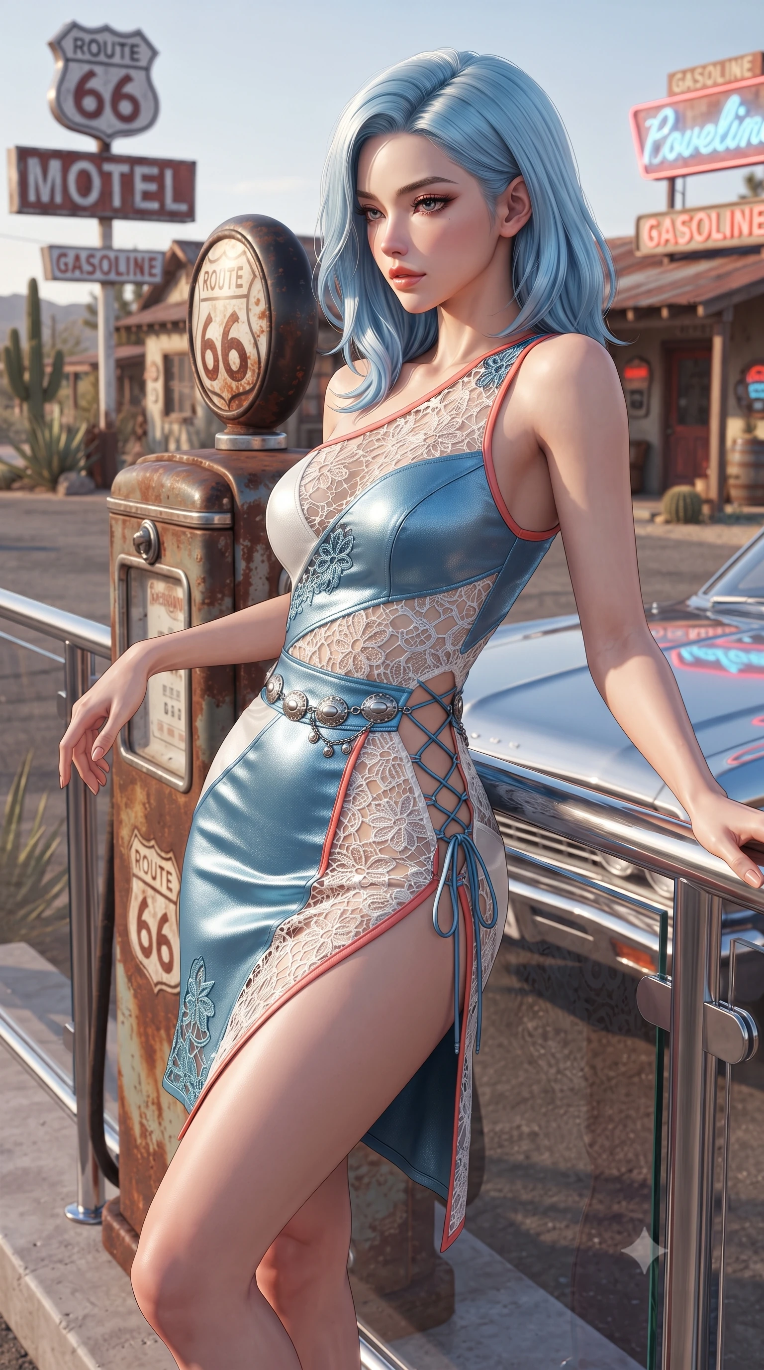 score_9, masterpiece, best quality, ultra-detailed, high-budget anime keyframe, editorial fashion photography, tasteful artistic composition, Korean woman. close-up cowboy shot from the waist and thighs up, the character dominates the composition, filling the frame with her large presence. leaning back against the balustrade with relaxed seductive grace, head tilted back slightly while casting a hypnotic, heavy-lidded gaze while leaning against an antique rusted gasoline pump with hips cocked back, looking over a bare shoulder with an irresistible bedroom-smile. The surrounding environment is rendered in vivid detail and crisp panoramic clarity: detailed suede crop top texture, silver concho chain gleam, and rustic Route 66 architecture in high resolution. She has an exceptionally elegant, slender, and willowy female figure with an ultra-slim waist, flat toned midriff, narrow ribcage, and sculpted feminine hips creating an alluring, slim hourglass silhouette without bulk. sharp v-shaped jawline, high-bridge nose, sparkling eyes with hypnotic seductive depth, thick curled eyelashes, glossy parted lips with a natural dewy peach sheen, alluring bedroom-eyes with an enchanting coquettish smile, exuding magnetic siren charisma and sophisticated glamour, flawlessly proportioned anatomical accuracy, strict slender model proportions, natural body alignment, perfectly sculpted long slender limbs, ultra-slim waistline, clean dynamic posture without body distortion. wearing an asymmetric one-shoulder metallic leather mini dress with a dramatic side slit hugging her narrow waist and hips in Mediterranean cerulean blue and optic white with coral trims, made of delicate semi-sheer crochet lace with intricate openwork floral knit, featuring fine criss-cross lace-up side ties revealing tantalizing glimpses of her hip curve, the form-contouring silhouette accentuating her sculpted flat midriff, narrow delicate ribcage, and gracefully curvy hips with intoxicating allure. illuminated by car hood reflections and sharp warm-gold rim lights defining her delicate clavicles, ultra-slim waist, and curvy hips. ultra-reflective glossy finish, specular highlights, rich textural contrasts, high-contrast stereoscopic depth, volumetric dynamic lighting, 2k, ultra detail, master piece, 9:16 ratio