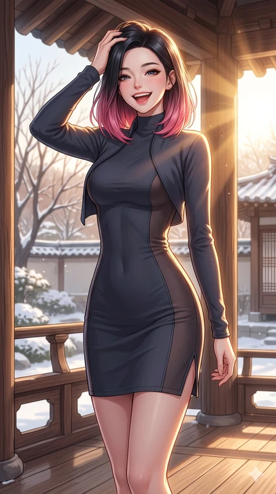score_9, masterpiece, best quality, ultra-detailed, high-budget anime keyframe, vibrant anime aesthetic, Korean woman. cowboy shot from the thighs up, character and outfit filling the frame for maximum presence. She is laughing happily while running 