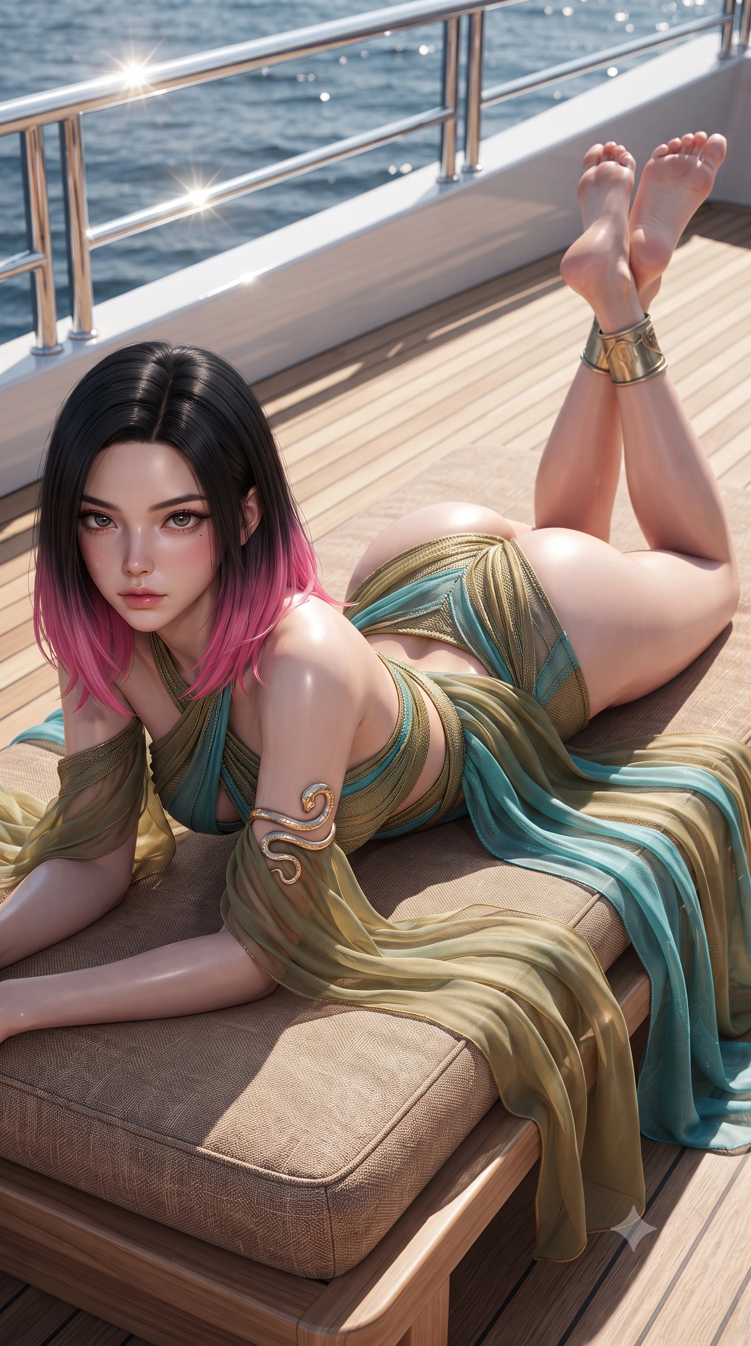 score_9, masterpiece, best quality, ultra-detailed, high-budget anime keyframe, editorial fashion photography, tasteful artistic composition, Korean woman. close-up cowboy shot from the waist and thighs up, the character dominates the composition, filling the frame with her large presence. leaning back with relaxed seductive grace, her sculpted collarbones and narrow waist highlighted as she casts smoldering bedroom-eyes directly into the camera while lying face down on a plush sunbed with head turned toward the camera, legs playfully bent at the knees to highlight her rounded hip silhouette. The surrounding environment is rendered in vivid detail and crisp panoramic clarity. sharp teak wood deck caulking, polished chrome railing reflections, and marine canvas stitching in deep focus. She has an exceptionally elegant, slender, and willowy female figure with an ultra-slim waist, a gracefully sculpted slender torso, toned flat midriff, and rounded feminine hips creating an alluring hourglass silhouette. sharp v-shaped jawline, high-bridge nose, intricate jewel-like eyes with depth, thick eyelashes, glossy parted lips with a natural sheen, intensely captivating and seductive bedroom-eyes expression, flawlessly proportioned anatomical accuracy, strict slender model proportions, natural body alignment, perfectly sculpted long slender limbs, ultra-slim waistline, clean dynamic posture without body distortion. wearing a breezy linen coverup worn over a form-contouring bandeau top and micro-shorts in olive gold and Mediterranean turquoise, woven from sheer cascading chiffon that flutters with every ocean breeze, accented with a sculptured gold serpent armlet and metallic ankle cuffs, the liquid-tight tailored fabric clinging flawlessly to her narrow waist and rounded feminine hips, emphasizing every millimeter of her sculpted hourglass curves during movement. illuminated by glowing specular sun glints defining her sculpted collarbones, ultra-slim waist, and curvy hips. ultra-reflective glossy finish, specular highlights, rich textural contrasts, high-contrast stereoscopic depth, volumetric dynamic lighting, 2k, ultra detail, master piece, 9:16 ratio