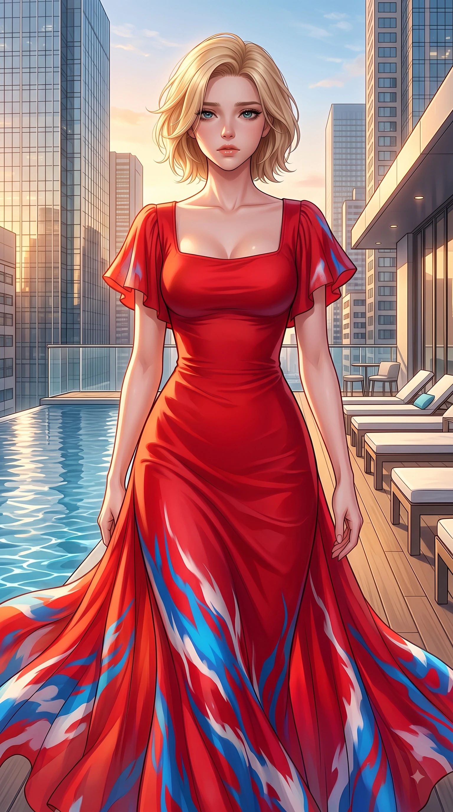 score_9, masterpiece, best quality, ultra-detailed, high-budget anime keyframe, editorial fashion photography, tasteful artistic composition, Caucasian woman. close-up cowboy shot from the waist and thighs up, the character dominates the composition, filling the frame with her large presence. Heart-tugging melancholic glance with a subtle drop of emotion in her eyes and a quiet wistful posture while walking down a sunlit rooftop deck as golden hour light paints the modern city towers. The surrounding environment is rendered in vivid detail and crisp panoramic clarity. glistening skyscraper glass facades, infinity pool water ripples, and crisp rooftop deck furniture in deep focus. She has an exceptionally elegant, slender, and willowy female figure with an ultra-slim waist, a gracefully sculpted slender torso, and a refined silhouette. sharp v-shaped jawline, high-bridge nose, intricate jewel-like eyes with depth, thick eyelashes, glossy lips with a natural sheen, flawlessly proportioned anatomical accuracy, natural body alignment, perfectly sculpted elegant limbs, clean dynamic posture without body distortion. wearing a vibrant scarlet red chiffon maxi dress with a dramatic flowing skirt in electric azure blue and cloud white, made of fine lace weave and soft satin jersey, featuring elegant flutter sleeves and a graceful square neckline, the form-contouring material accentuating her ultra-slim waist and long lines. surrounded by an opulent, glamorous, and high-fashion nightlife editorial aura. highly saturated vibrant anime colors, detailed shading with soft gradients, rich glossy textures, high-contrast stereoscopic depth, volumetric dynamic lighting, master piece, 9:16 ratio