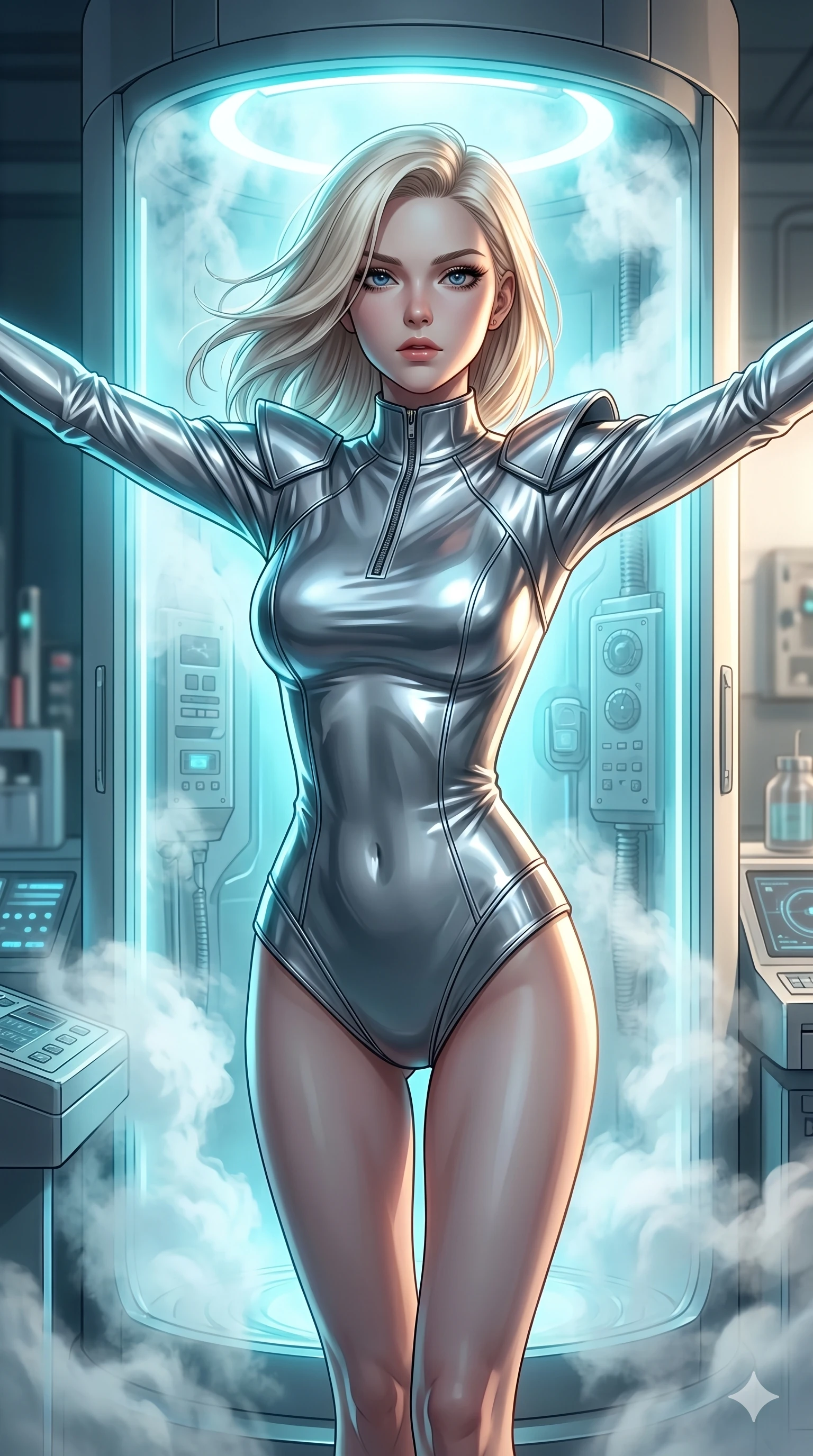 score_9, masterpiece, best quality, ultra-detailed, high-budget anime keyframe, editorial fashion photography, tasteful artistic composition, Caucasian woman, strictly human ears. Upper body close-up from the thighs up, character filling the screen for maximum presence. She is stepping out of a glowing cryo-chamber filled with evaporating white volumetric steam. She stretches her arms with a commanding, waking-up expression. She has an absolutely perfect 8-heads proportion, a tall and elegant figure with a refined silhouette and a defined waistline. V-shaped jawline, high-bridge nose, intricate jewel-like eyes with depth, thick eyelashes, glossy lips with a natural sheen. She is wearing a sleek tailored top in liquid-chrome finish that complements her silhouette, styled with sophisticated architectural shoulder accents and a modern zip collar. The scene is illuminated by intense cyan backlighting from the chamber and a warm white key light. 2k, ultra detail, master piece, 9:16 ratio