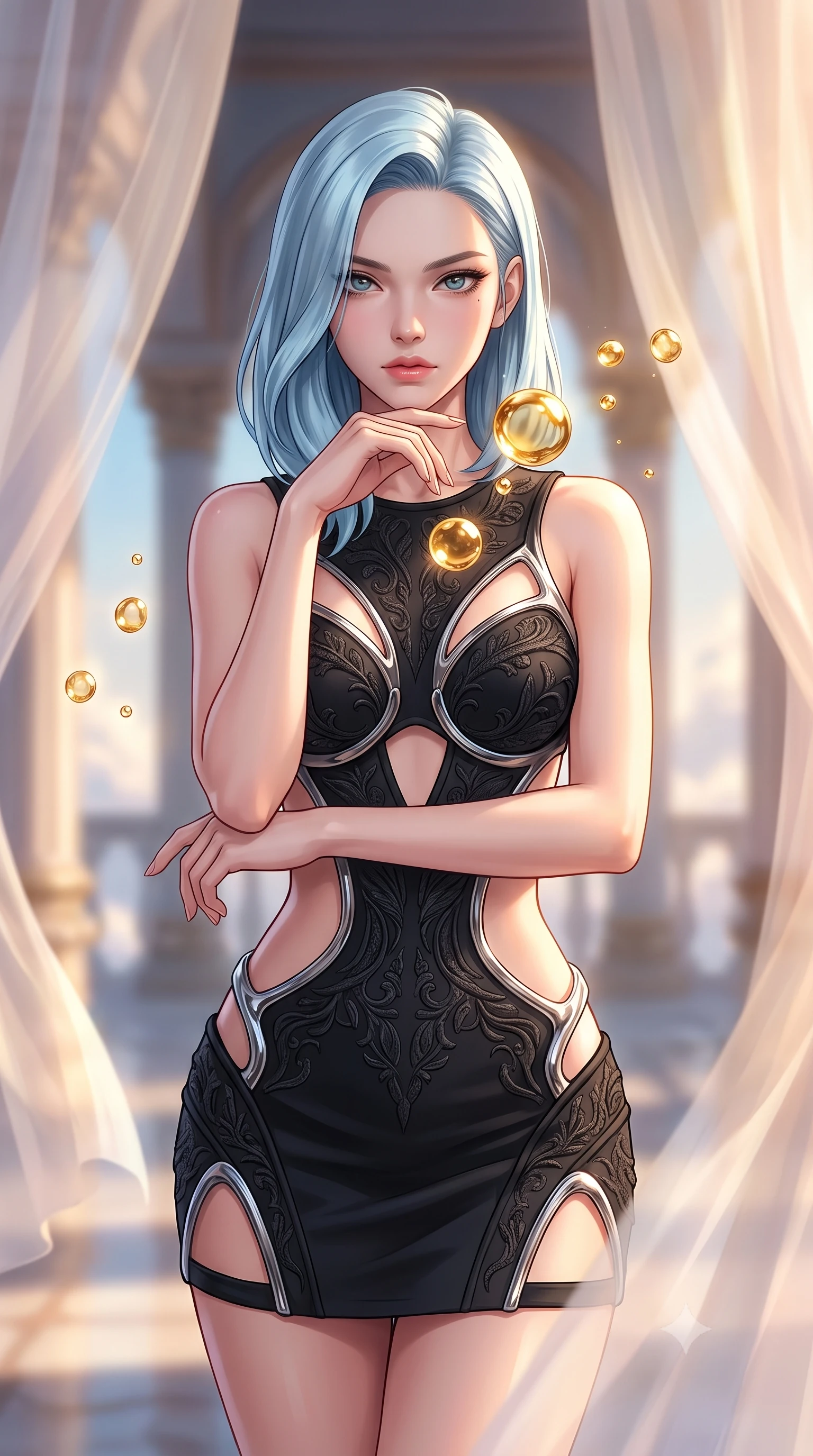 score_9, masterpiece, best quality, ultra-detailed, high-budget anime keyframe, editorial fashion photography, tasteful artistic composition, Korean woman. close-up cowboy shot from the waist and thighs up, the character dominates the composition, filling the frame with her large presence, background elements kept in soft focus. Resting her chin on the backs of her fingers, casting a sharp, mysterious gaze interacting with floating golden water Orbs in a cloudtop palace court, translucent silk curtains drifting lazily in a warm sky breeze. She has an exceptionally elegant, slender, and willowy female figure with an ultra-slim waist, a gracefully sculpted slender torso, and a refined silhouette. sharp v-shaped jawline, high-bridge nose, intricate jewel-like eyes with depth, thick eyelashes, glossy lips with a natural sheen. wearing a dramatic open-waist cutout mini dress in matte black framed by sculptural chrome hardware, the sleek second-skin texture accentuating her magnetic presence. lit by brilliant warm key light softening into smooth, elegant gradients. highly saturated vibrant anime colors, detailed shading with soft gradients, rich glossy textures, high-contrast stereoscopic depth, volumetric dynamic lighting, master piece, 9:16 ratio