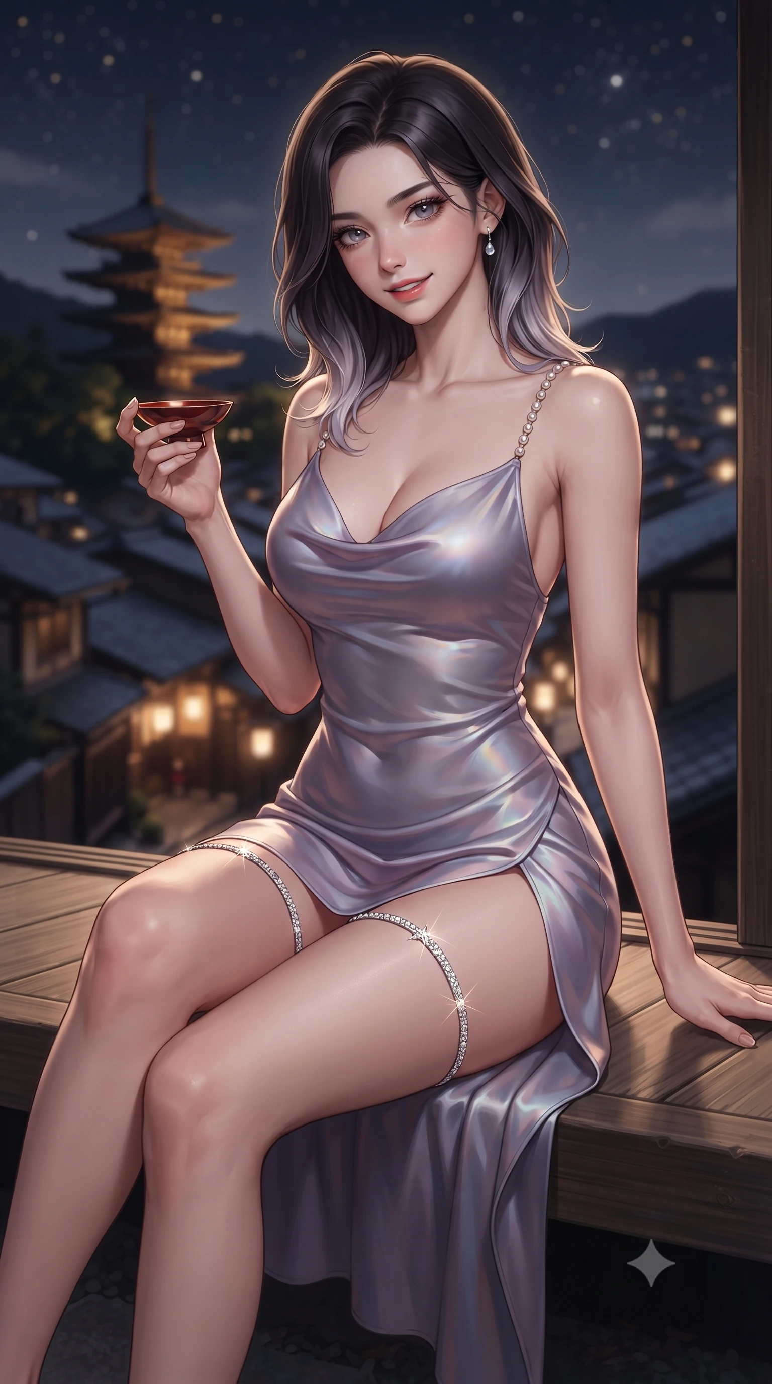 score_9, masterpiece, best quality, ultra-detailed, high-budget anime keyframe, editorial fashion photography, tasteful artistic composition, Korean woman. close-up cowboy shot from the waist and thighs up, the character dominates the composition, filling the frame with her large presence. tilting her head with a teasing half-smile, running one hand slowly down the side of her hip in a flirtatious S-curve as ambient light caresses her silhouette while sitting perched on the engawa bench with one knee drawn up, holding a lacquered sake cup with an enchanting, parted-lip smile. The background shows a soft-focus five-story wooden Yasaka Pagoda illuminated against the dark hill, endless sea of low Kyoto tiled roofs, and starry sky blurred into honey, indigo, and charcoal bokeh. She has an exceptionally elegant, slender, and willowy female figure with an ultra-slim waist, flat toned midriff, narrow ribcage, and sculpted feminine hips creating an alluring, slim hourglass silhouette without bulk. sharp v-shaped jawline, high-bridge nose, sparkling eyes with hypnotic seductive depth, thick curled eyelashes, glossy parted lips with a natural dewy peach sheen, alluring bedroom-eyes with an enchanting coquettish smile, exuding magnetic siren charisma and sophisticated glamour, flawlessly proportioned anatomical accuracy, strict slender model proportions, natural body alignment, perfectly sculpted long slender limbs, ultra-slim waistline, clean dynamic posture without body distortion. wearing a plunging cowl-neck liquid silk satin sarong slip dress with daring hip-high double slits and pearl shoulder straps in dusk lavender and iridescent silver, tailored from fine structural neoprene with crisp architectural edges and smooth contouring, finished with delicate crystal-encrusted thigh garter straps glinting in the dim light, the form-contouring silhouette accentuating her sculpted flat midriff, narrow delicate ribcage, and gracefully curvy hips with intoxicating allure. bathed in soft low-voltage floor wash lighting combined with distant city glow and silver full moonlight. ultra-reflective glossy finish, specular highlights, rich textural contrasts, high-contrast stereoscopic depth, volumetric dynamic lighting, 2k, ultra detail, master piece, 9:16 ratio