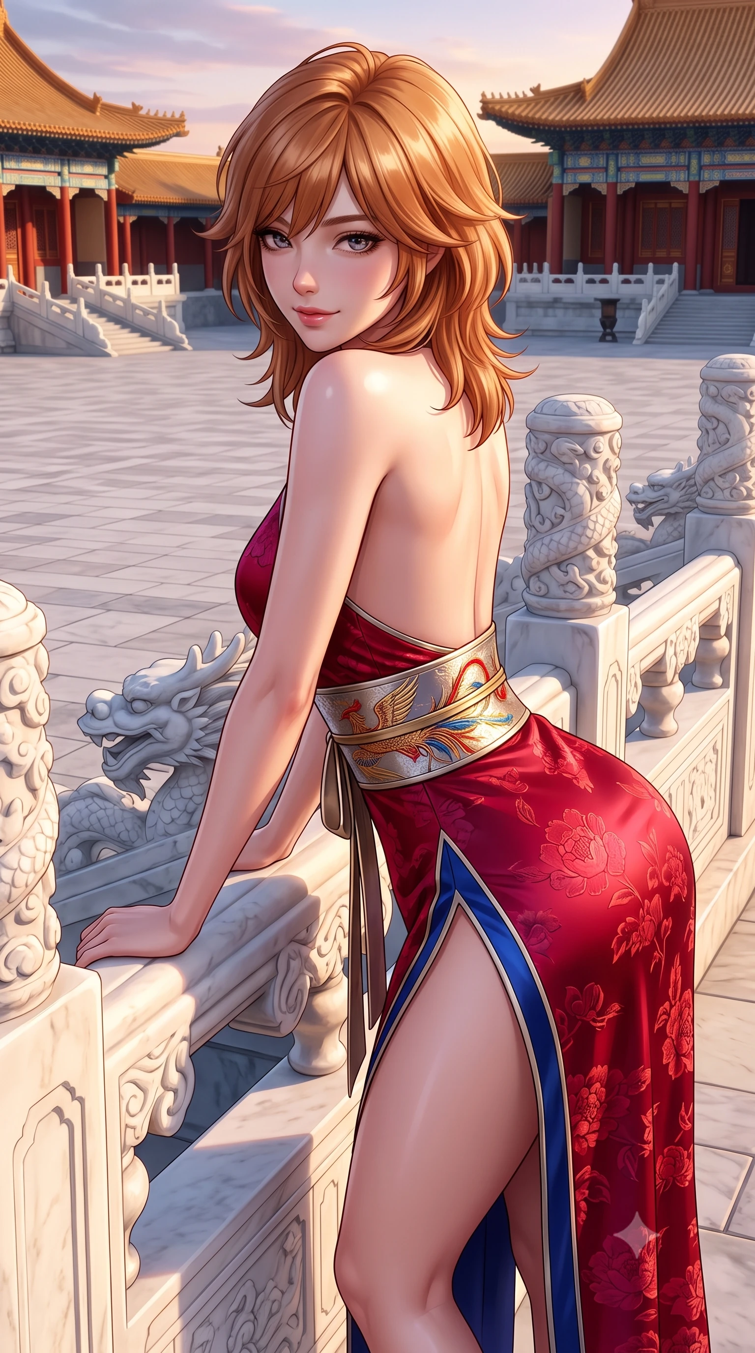 score_9, masterpiece, best quality, ultra-detailed, high-budget anime keyframe, semi-realistic 3D game render, editorial fashion photography, tasteful artistic composition, Korean woman. close-up cowboy shot from the waist and thighs up, the character dominates the composition, filling the frame with her large presence. leaning forward over the carved veranda balustrade while arching her lower back to accentuate her curvy hips, looking into the camera with an enchanting coquettish smile and bedroom-eyes while leaning against a carved white marble dragon balustrade with hips cocked back, looking over a bare shoulder with an intoxicating, imperial gaze. The surrounding environment is rendered in vivid detail and crisp panoramic clarity: detailed gold-threaded silk gown sheen, jewelry gleam, and classical Chinese imperial architecture in high resolution. She has an exceptionally elegant, slender, and willowy female figure with an ultra-slim waist, flat toned midriff, narrow ribcage, and sculpted feminine hips creating an alluring, slim hourglass silhouette without bulk. sharp v-shaped jawline, high-bridge nose, intricate jewel-like dark sparkling almond eyes with depth, thick lashes, glossy parted lips with a natural rose-plum sheen, bright alluring and coquettish smile with bedroom-eyes, exuding both timeless oriental elegance and sovereign high-fashion allure, flawlessly proportioned anatomical accuracy, strict slender model proportions, natural body alignment, perfectly sculpted long slender limbs, ultra-slim waistline, clean dynamic posture without body distortion. wearing a backless crimson silk slip dress with oriental peony jacquard and a side hip slit ascending to the high waist in royal cobalt blue and starlight platinum, tailored from fine crisp cotton-linen with clean structural lines, finished with a wide metallic obi sash with intricate embroidered phoenix motifs, the liquid-tight tailored silk fabric clinging flawlessly to her narrow waist and rounded feminine hips, emphasizing every millimeter of her sculpted slim hourglass curves without any bulky heaviness. bathed in dramatic twilight golden hour light streaming horizontally across the vast marble plaza. highly saturated vibrant anime colors, detailed shading with soft gradients, rich glossy textures, high-contrast stereoscopic depth, volumetric dynamic lighting, master piece, 9:16 ratio
