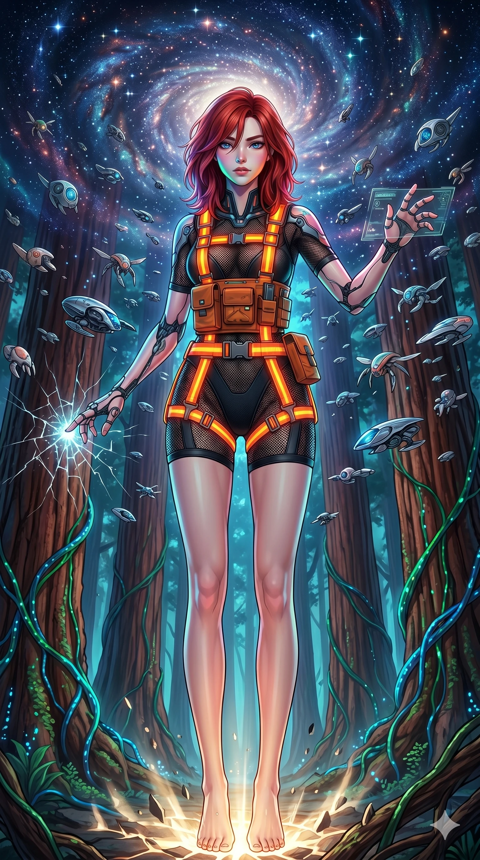 score_9, masterpiece, best quality, ultra-detailed, Set A: High-budget Anime Keyframe, Korean woman. Upper body close-up from the thighs up, character filling the screen for maximum presence. Theme: Primal Nature. shattering the fabric of reality in a giant redwood forest with glowing vines, surrounded by 109 hovering guardian drones. The atmosphere is filled with a swirling vortex of stars. She has an absolutely perfect 8-heads proportion, an exceptionally tall and slender female figure with impossibly long slender legs and an ultra-slim waist. Sharp v-shaped jawline, high-bridge nose, intricate jewel-like eyes with depth, glossy lips. Wearing Industrial worker-chic with a glowing orange harness over a mesh bodysuit. Cinematic lighting, vivid colors, dramatic shadows, 2k, ultra detail, master piece, 9:16 ratio