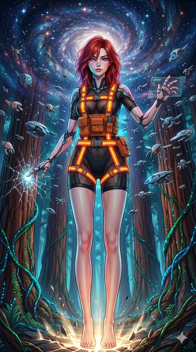 score_9, masterpiece, best quality, ultra-detailed, Set A: High-budget Anime Keyframe, Korean woman. Upper body close-up from the thighs up, character filling the screen for maximum presence. Theme: Primal Nature. shattering the fabric of reality in 