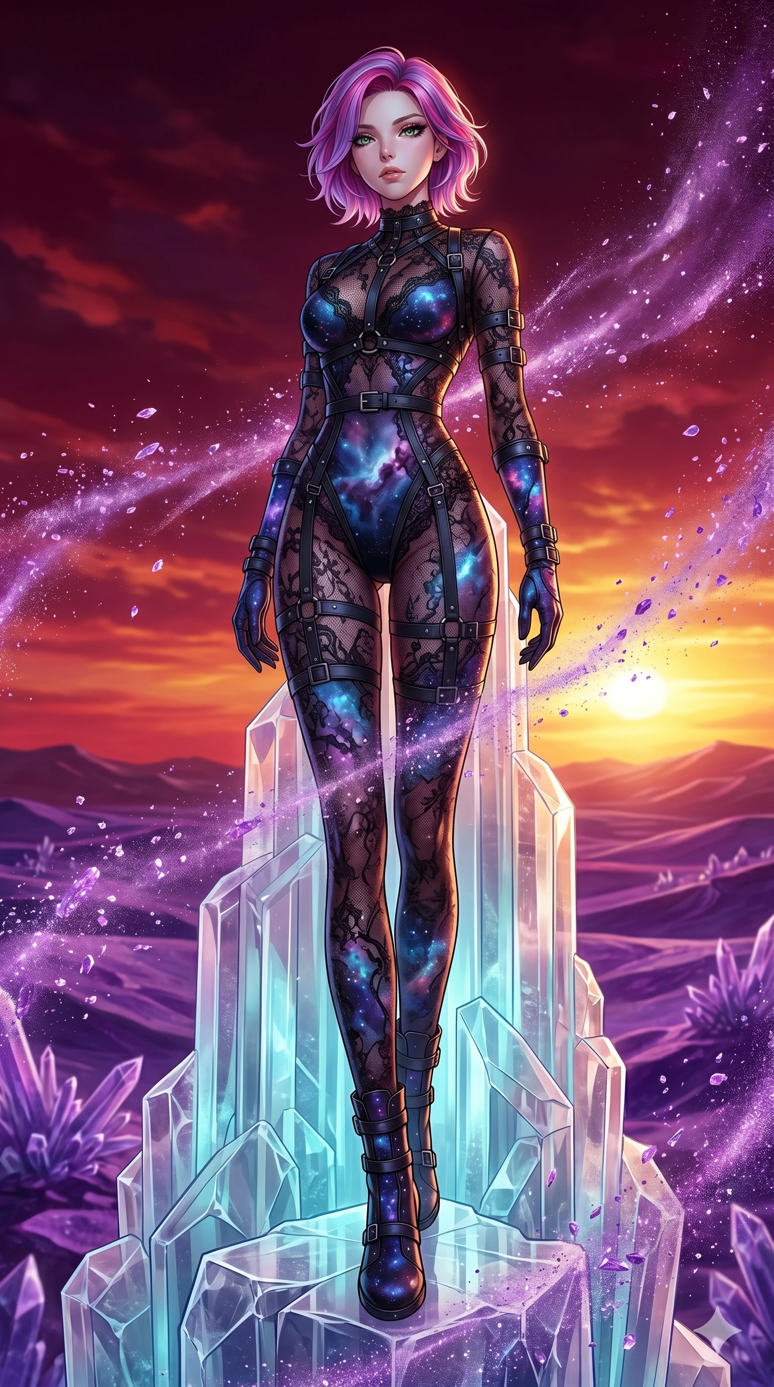 score_9, masterpiece, best quality, ultra-detailed, high-budget anime keyframe, Japanese woman. low angle full-body shot filling the entire 9:16 frame with her statuesque presence, stretching the vertical silhouette. standing atop a transparent salt crystal tower in a purple crystalline desert as winds blow shimmering purple dust under a crimson sunset. She has an absolutely perfect 8-heads proportion, an exceptionally tall and slender female figure with impossibly long slender legs and an ultra-slim waist. V-shaped jawline, high-bridge nose, intricate jewel-like eyes with depth, thick eyelashes, glossy lips with a natural sheen.. wearing a gothic nebula lace bodysuit, featuring a sheer black lace bodysuit with cosmic nebula patterns, reinforced by matte leather straps. showcasing a beautiful play of light and shadow, with warm golden rays clashing against cool cyan highlights. 2k, ultra detail, master piece, 9:16 ratio