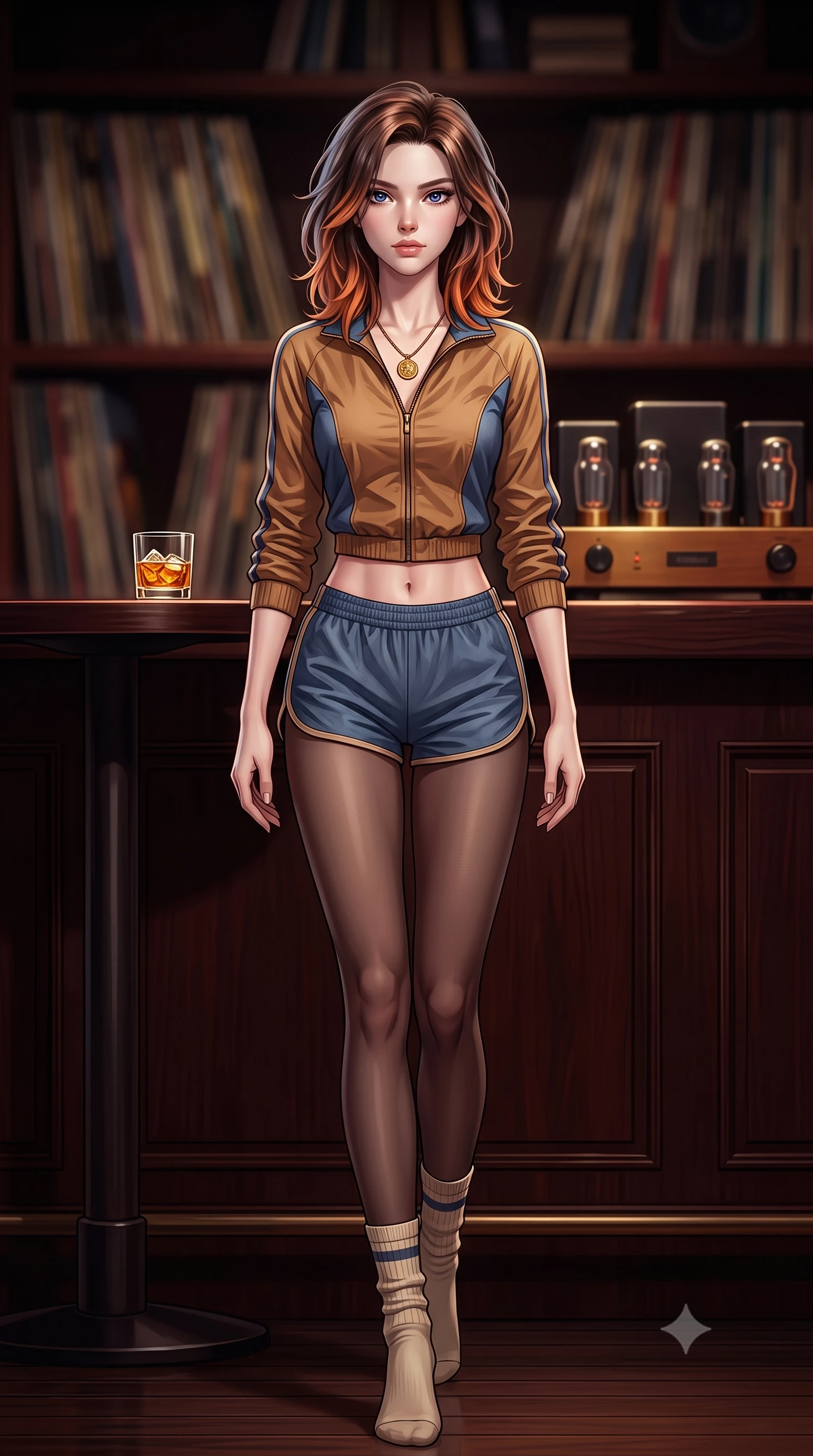 score_9, masterpiece, best quality, ultra-detailed, high-budget anime keyframe, semi-realistic 3D game render, editorial fashion photography, tasteful artistic composition, Korean woman. low angle full-body shot from head to toe showing her feet, filling the entire 9:16 vertical frame with her statuesque presence, stretching her vertical silhouette. striding forward in a proud, dynamic supermodel runway stride, her statuesque vertical silhouette commanding the entire frame while sitting at the dark mahogany bar counter of an intimate jazz lounge, holding an amber drink with relaxed, classy elegance. The composition keeps background elements in soft focus with creamy bokeh. walls of vintage vinyl record spines and glowing vacuum tube amplifiers blurred into rich mahogany, amber, and whiskey-gold bokeh. She has an absolutely perfect, statuesque 8.5-heads proportion, an exceptionally tall and slender model-like female figure with impossibly long slender legs, a toned flat midriff, and an ultra-slim waist. sharp v-shaped jawline, high-bridge nose, intricate jewel-like eyes with depth, thick eyelashes, glossy lips with a natural sheen, captivating and magnetic expression, flawlessly proportioned anatomical accuracy, strict slender model proportions, natural body alignment, perfectly sculpted long slender limbs, ultra-slim waistline, clean dynamic posture without body distortion. wearing a sporty 80s retro track jacket paired with high-waisted dolphin running shorts and tube socks in vintage camel brown and washed indigo denim, made of crisp lightweight vintage crinkle nylon, accented with a vintage gold coin pendant necklace and dark sheer tights, the form-contouring material adhering flawlessly to her sculpted flat midriff and slender torso, emphasizing her long leg lines and perfectly proportioned willowy build. illuminated by soft directional key light defining her high-bridge nose, glossy lips, and slender neckline. highly saturated vibrant anime colors, detailed shading with soft gradients, rich glossy textures, high-contrast stereoscopic depth, volumetric dynamic lighting, master piece, 9:16 ratio