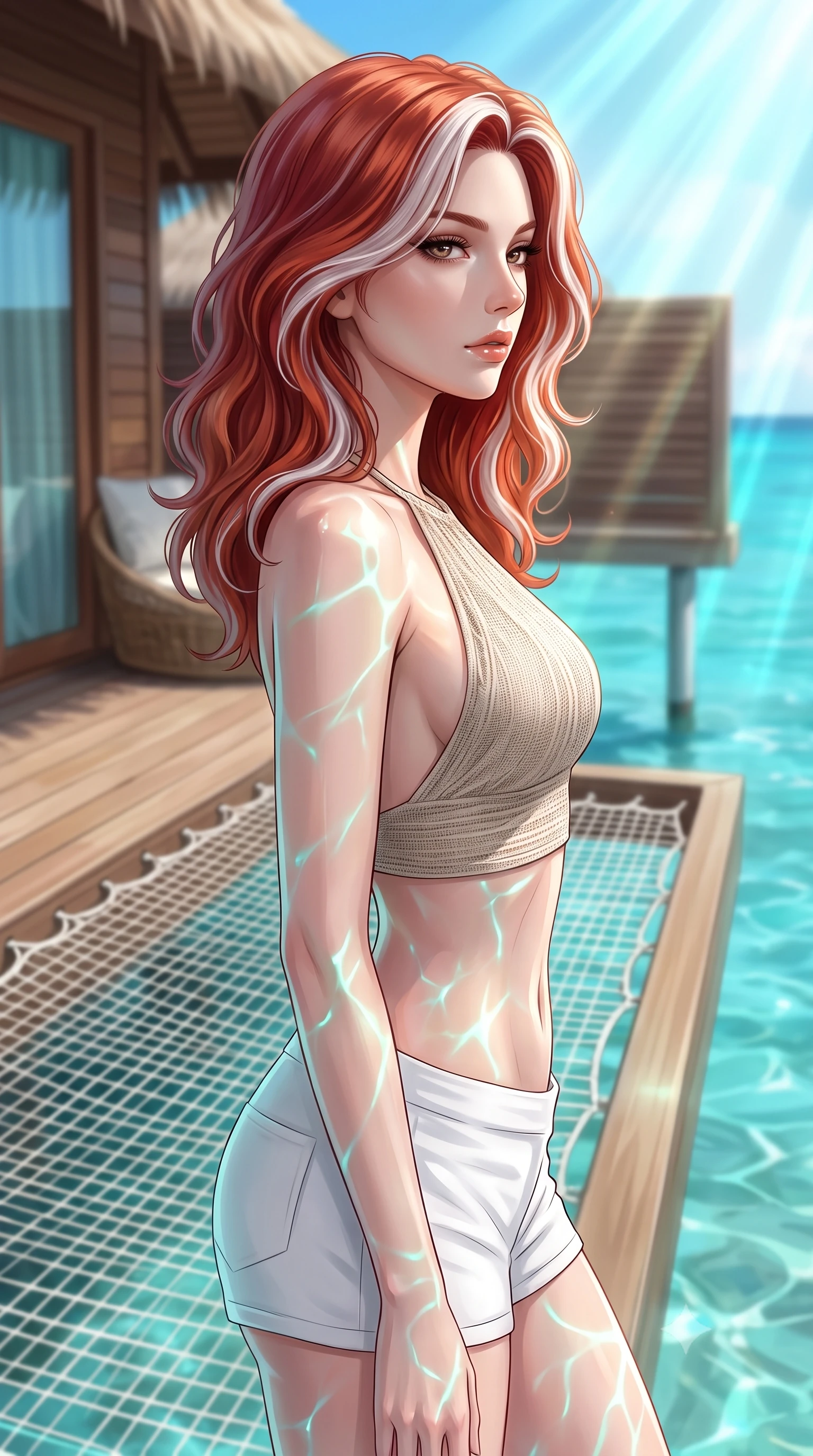 score_9, masterpiece, best quality, ultra-detailed, high-budget anime keyframe, editorial fashion photography, tasteful artistic composition, Caucasian woman woman. close-up cowboy shot from the waist and thighs up, the character dominates the composition, filling the frame with her large presence, background elements kept in soft focus. turning her face in sharp profile, casting a cold, mysterious, yet intensely sensual side gaze the background shows a soft-focus a woven overwater net daybed extending from a wooden villa above a crystal clear lagoon. She has an exceptionally elegant, slender, and willowy female figure with an ultra-slim waist, a gracefully sculpted slender torso, and a refined silhouette. sharp v-shaped jawline, high-bridge nose, intricate jewel-like eyes with depth, thick eyelashes, glossy lips with a natural sheen. wearing a form-contouring stylish linen halter top with an open-back design, paired with white micro-shorts. bright tropical sun rays creating shimmering aqua light lines on her skin. 2k, ultra detail, master piece, 9:16 ratio