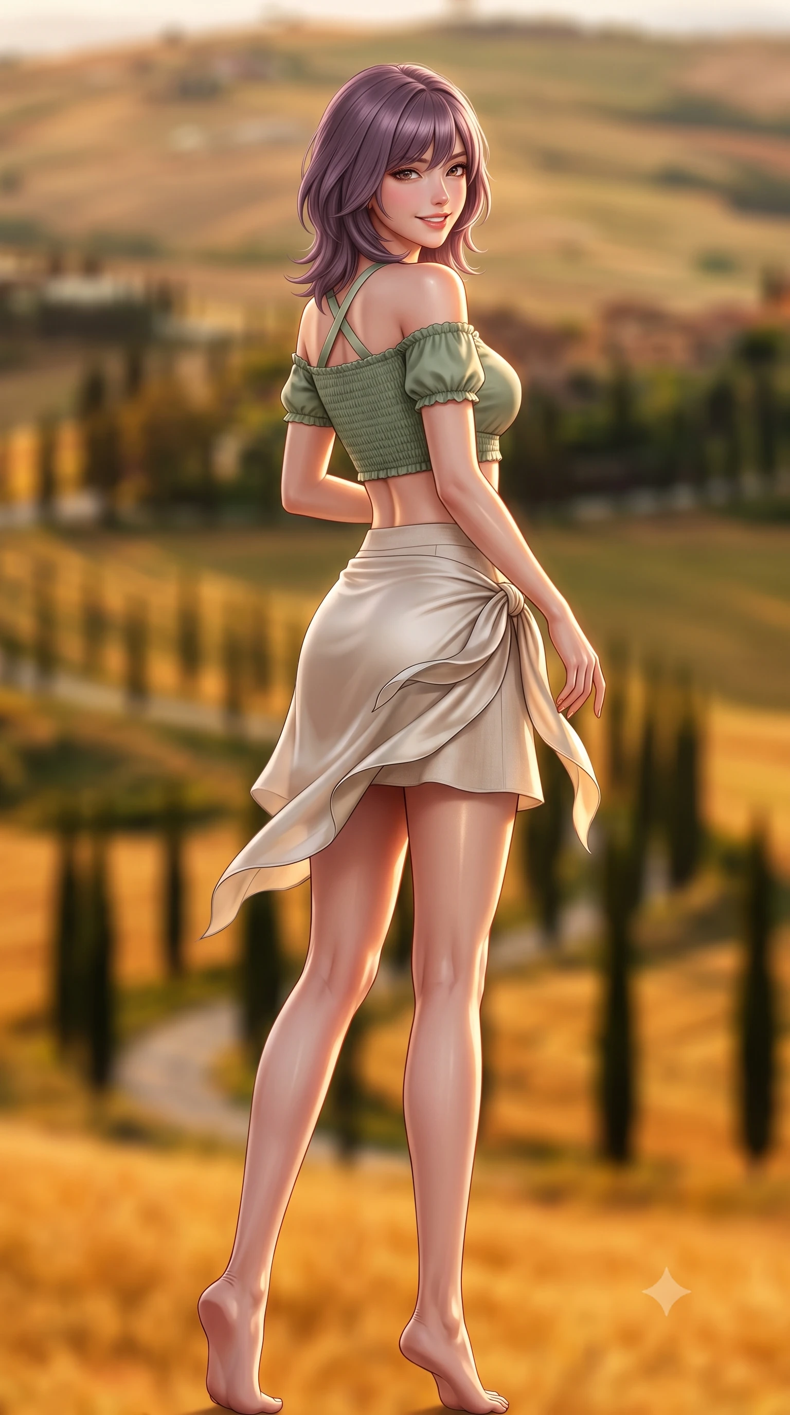 score_9, masterpiece, best quality, ultra-detailed, high-budget anime keyframe, semi-realistic 3D game render, editorial fashion photography, tasteful artistic composition, Japanese woman. low angle full-body shot from head to toe showing her feet, filling the entire 9:16 vertical frame with her statuesque presence, stretching her vertical silhouette. executing a cheerful mid-motion pivot turn as her resort dress flutters around her slender legs, glancing over her shoulder with an intoxicating, teasing bedroom-gaze while twisting her slender torso in an alluring S-curve, warm evening breezes fluttering her silk resort pareo around her hips and legs. The composition keeps background elements in soft focus with dreamy creamy bokeh. endless rolling Val d'Orcia golden wheat hills and dark green cypress avenues blurred into warm amber, olive, and terracotta bokeh. She has an exceptionally tall and slender model-like 8.5-heads proportion, an ultra-slim waist, a flat toned midriff, narrow delicate ribcage, and beautifully sculpted feminine hips creating a graceful, slim hourglass silhouette without any bulky heaviness, with impossibly long slender legs. sharp v-shaped jawline, high-bridge nose, sparkling amber-hazel eyes with depth, long lush eyelashes, glossy sun-kissed lips with a warm coral glaze, radiant teasing smile with sensual sunlit bedroom-eyes, exuding effortless old-money elegance and intoxicating sun-drenched allure, flawlessly proportioned anatomical accuracy, strict slender model proportions, natural body alignment, perfectly sculpted long slender limbs, ultra-slim waistline, clean dynamic posture without body distortion. wearing a chic off-shoulder smocked crop blouse paired with a tight high-waisted linen A-line mini skirt emphasizing her curvy hips in sage green and warm almond beige, made of smooth fluid silk satin with a delicate pearlescent golden sheen, finished with criss-cross back satin straps highlighting her graceful shoulder blades, the form-fitting cut adhering flawlessly to her sculpted flat midriff and slender torso, emphasizing her long leg lines and perfectly proportioned willowy build. illuminated by pool caustic reflections and sharp golden-amber rim lighting carving her slim torso, narrow waist, and curvy hips. highly saturated vibrant anime colors, detailed shading with soft gradients, rich glossy textures, high-contrast stereoscopic depth, volumetric dynamic lighting, master piece, 9:16 ratio