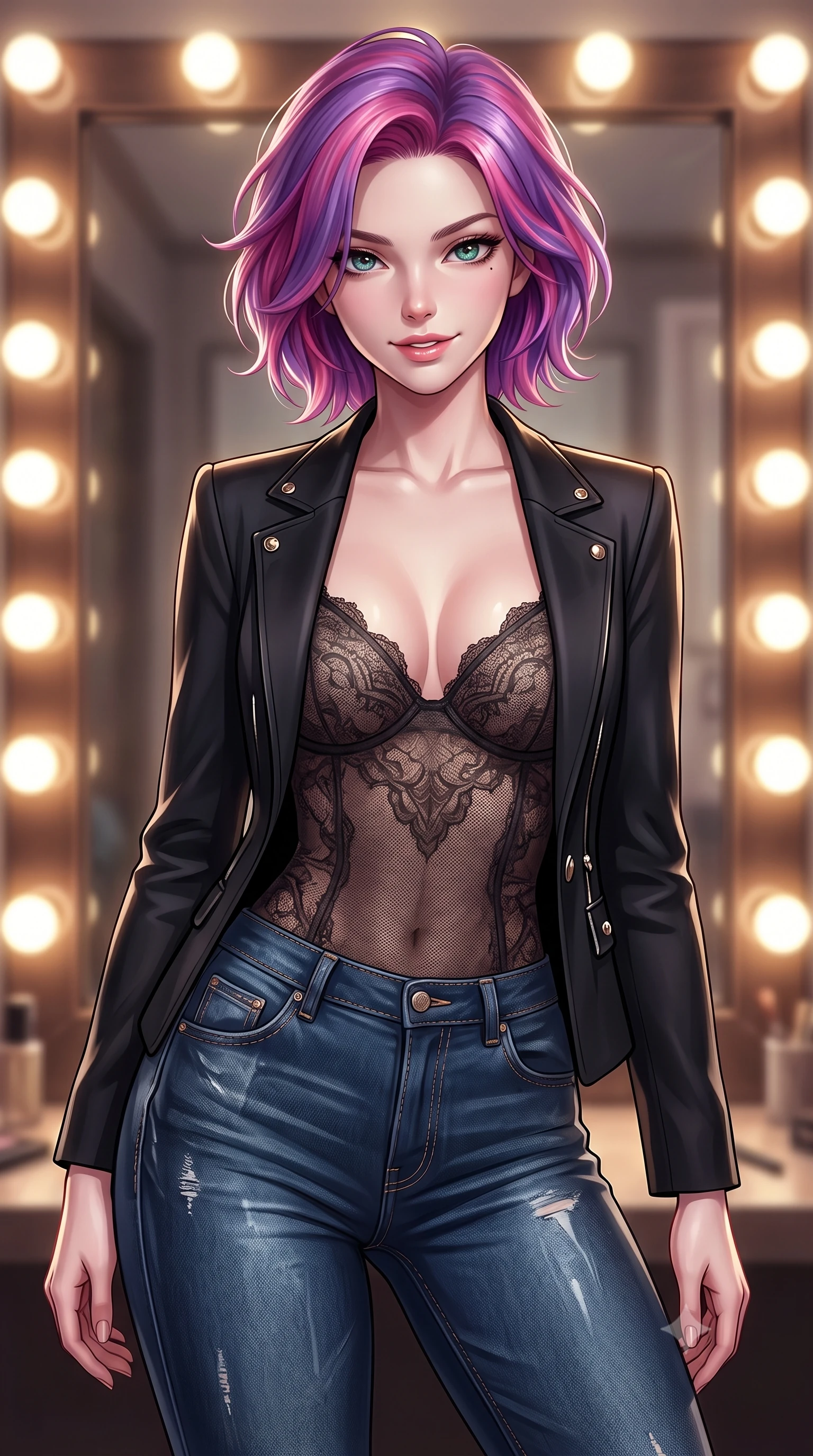 score_9, masterpiece, best quality, ultra-detailed, high-budget anime keyframe, editorial fashion photography, tasteful artistic composition, Caucasian woman. close-up cowboy shot from the waist and thighs up, the character dominates the composition, filling the frame with her large presence, background elements kept in soft focus. leaning slightly forward with a playful, teasing smile, her gaze locked onto the viewer the background shows a soft-focus a vintage dressing vanity room with a large mirror bordered by round lightbulbs. She has an exceptionally elegant, slender, and willowy female figure with an ultra-slim waist, a gracefully sculpted slender torso, and a refined silhouette. sharp v-shaped jawline, high-bridge nose, intricate jewel-like eyes with depth, thick eyelashes, glossy lips with a natural sheen. wearing a slim-fit semi-opaque dark lace bodysuit worn under a tailored open blazer and jeans. bright vanity spotlights casting detailed front lighting with soft back shadow. ultra-reflective glossy finish, specular highlights, metallic sheen, high-contrast stereoscopic depth, volumetric dynamic lighting, 2k, ultra detail, master piece, 9:16 ratio