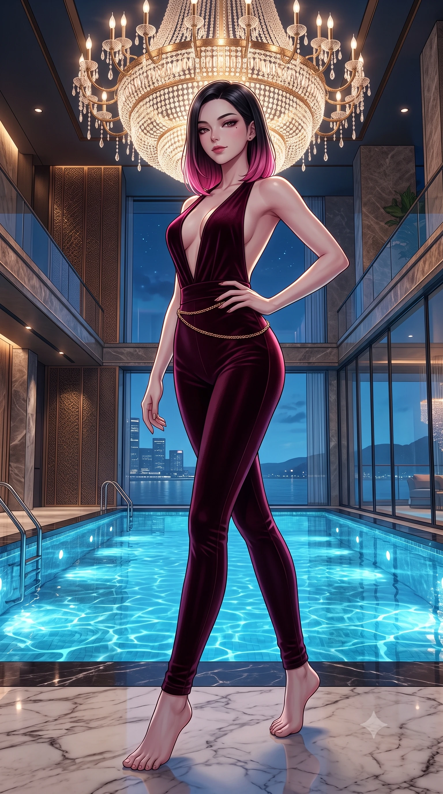 score_9, masterpiece, best quality, ultra-detailed, high-budget anime keyframe, semi-realistic 3D game render, editorial fashion photography, tasteful artistic composition, Korean woman. low angle full-body shot from head to toe showing her feet, filling the entire 9:16 vertical frame with her statuesque presence, stretching her vertical silhouette. pausing mid-stride beneath the grand chandelier with one hand resting on her narrow waist, her arched hips and statuesque 8.5-heads presence commanding the 9:16 vertical frame while twisting her slender torso in an alluring contrapposto stance, midnight tropical breezes sculpting her fluid gown against her waist and curvy hips. The surrounding environment is rendered in vivid detail and crisp panoramic clarity. detailed gown texture, glowing skin highlights, and Marina Bay architectural precision in high resolution. She has an exceptionally tall and slender model-like 8.5-heads proportion, an ultra-slim waist, a flat toned midriff, narrow delicate ribcage, and beautifully sculpted feminine hips creating a graceful, slim hourglass silhouette without any bulky heaviness, with impossibly long slender legs. sharp v-shaped jawline, high-bridge nose, intricate jewel-like dark sparkling eyes with dangerous depth, thick curled eyelashes, glossy parted lips with a rich wine sheen, smoldering seductive half-smile with bedroom-eyes, exuding effortless superiority and intoxicating dark allure, flawlessly proportioned anatomical accuracy, strict slender model proportions, natural body alignment, perfectly sculpted long slender limbs, ultra-slim waistline, clean dynamic posture without body distortion. wearing a second-skin dark burgundy stretch-velvet jumpsuit with a plunging neckline and open back in dark mulberry wine and antique champagne, tailored from fine lightweight midnight wool crepe with crisp architectural structure, finished with a delicate gold snake chain belt resting loosely across her curvy hips, the form-fitting cut adhering flawlessly to her sculpted flat midriff and slender torso, emphasizing her long leg lines and perfectly proportioned willowy build. illuminated by underwater pool LED downlights and crisp silver rim lighting sharply sculpting her razor-sharp jawline, narrow waist, and curvy hips. highly saturated vibrant anime colors, detailed shading with soft gradients, rich glossy textures, high-contrast stereoscopic depth, volumetric dynamic lighting, master piece, 9:16 ratio