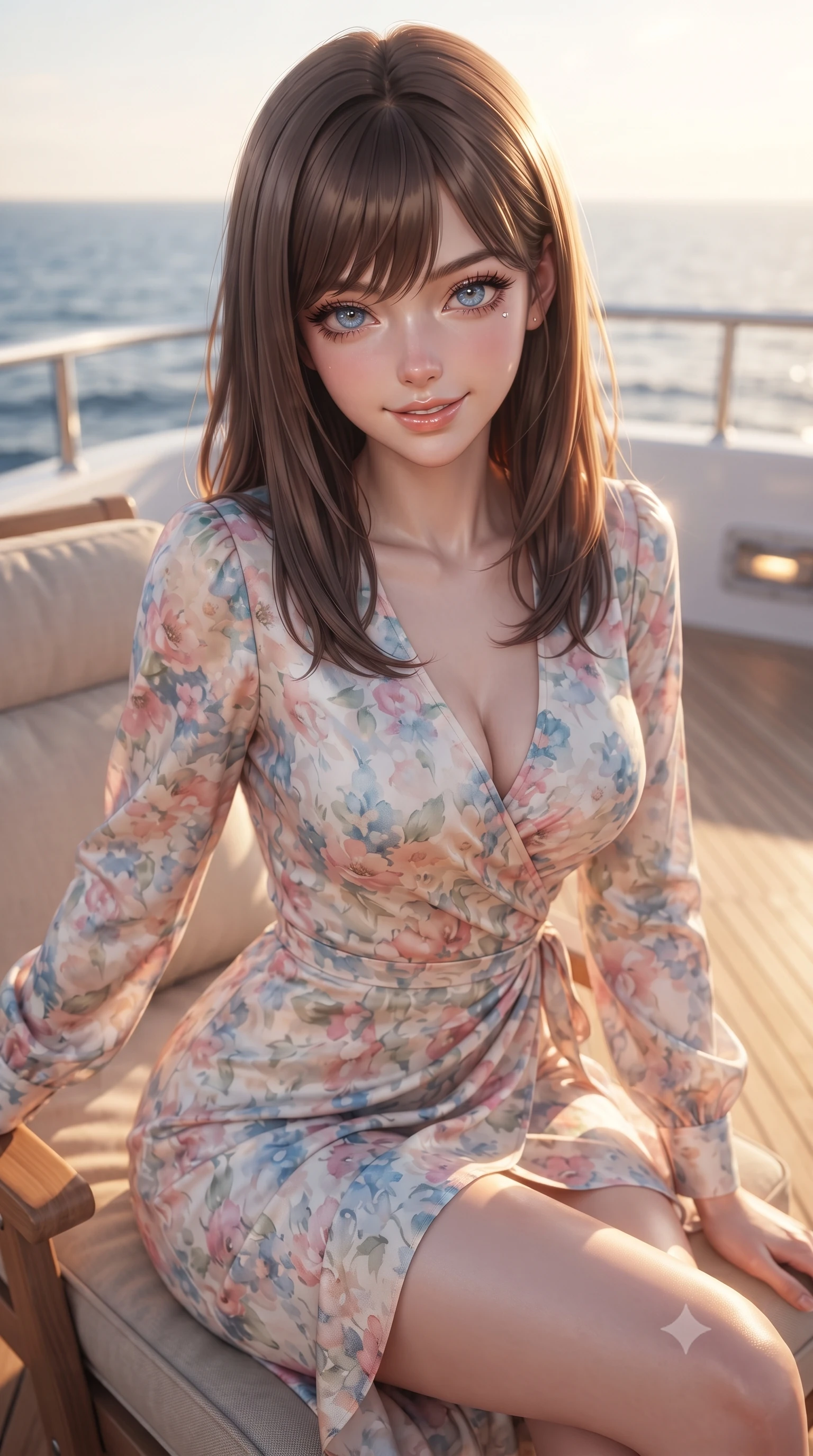 score_9, masterpiece, best quality, ultra-detailed, high-budget anime keyframe, editorial fashion photography, tasteful artistic composition, Korean woman woman. close-up cowboy shot from the waist and thighs up, the character dominates the composition, filling the frame with her large presence, background elements kept in soft focus. leaning slightly forward with a playful, teasing smile, her gaze locked onto the viewer the background shows a soft-focus the teak deck of a luxury yacht facing the vast ocean during golden hour. She has an exceptionally elegant, slender, and willowy female figure with an ultra-slim waist, a gracefully sculpted slender torso, and a refined silhouette. sharp v-shaped jawline, high-bridge nose, intricate jewel-like eyes with depth, thick eyelashes, glossy lips with a natural sheen. wearing a body-hugging flowy floral-patterned wrap dress with long sleeves and a modest V-neck. warm brilliant sunbeams tracing her body with a soft golden rim light. ultra-reflective glossy finish, specular highlights, metallic sheen, high-contrast stereoscopic depth, volumetric dynamic lighting, 2k, ultra detail, master piece, 9:16 ratio