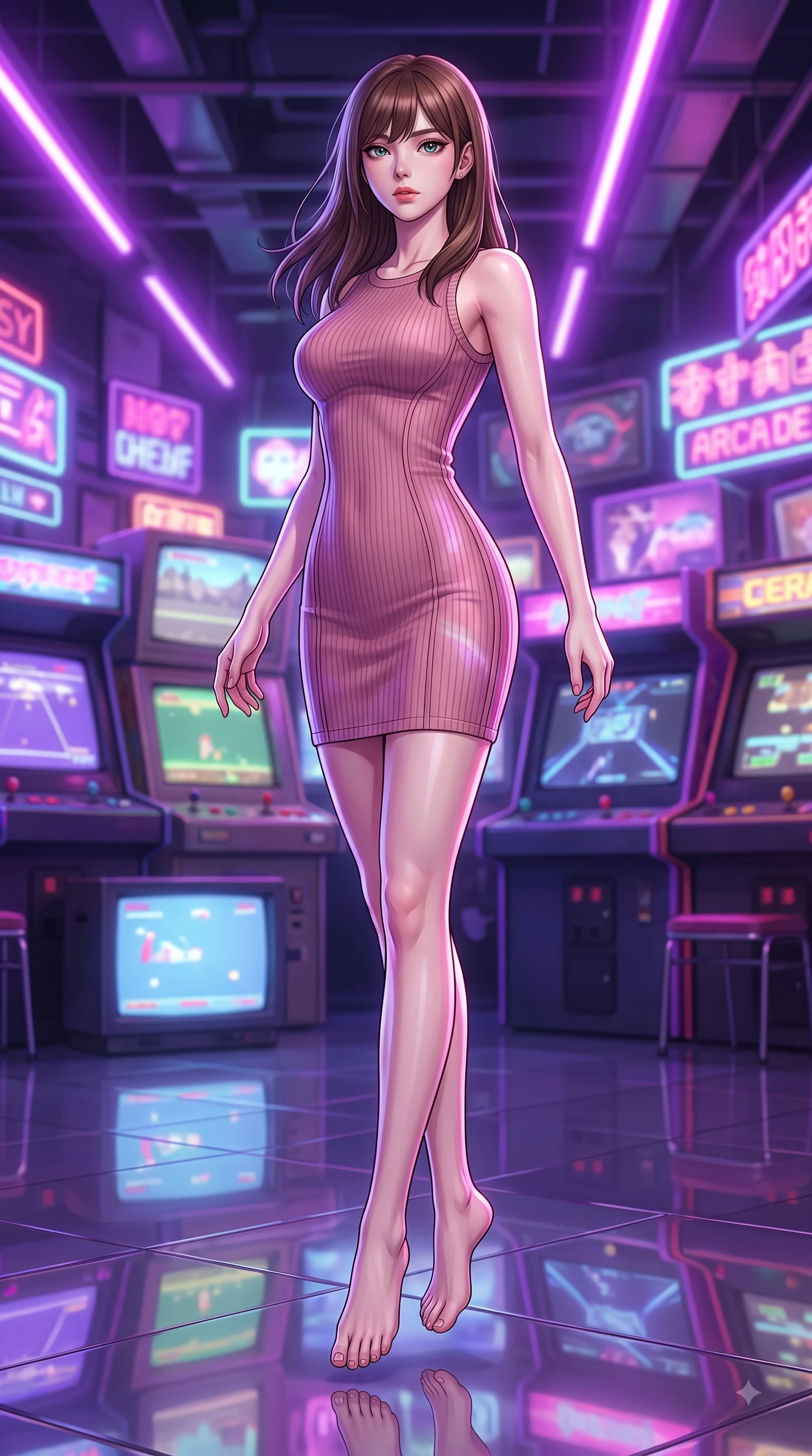 score_9, masterpiece, best quality, ultra-detailed, high-budget anime keyframe, editorial fashion photography, tasteful artistic composition, Korean woman woman. low angle full-body shot from head to toe showing her feet, filling the entire 9:16 vertical frame with her statuesque presence, stretching her vertical silhouette. She has an absolutely perfect, statuesque 8.5-heads proportion, an exceptionally tall and slender model-like female figure with impossibly long slender legs and an ultra-slim waist. mid-air spin above the reflective floor, maintaining an athletic and perfectly balanced poise, flawlessly proportioned anatomical accuracy, natural body alignment, perfectly sculpted elegant limbs, clean dynamic posture without body distortion. set against a soft-focus background of a retro cyber arcade filled with glowing CRT screens and neon signs. wearing a sculpted dusty rose ribbed knit bodycon dress with form-contouring side seams. bathed in strobing violet and electric pink neon lights refracting on her outfit. highly saturated vibrant anime colors, detailed shading with soft gradients, rich glossy textures, high-contrast stereoscopic depth, volumetric dynamic lighting, master piece, 9:16 ratio