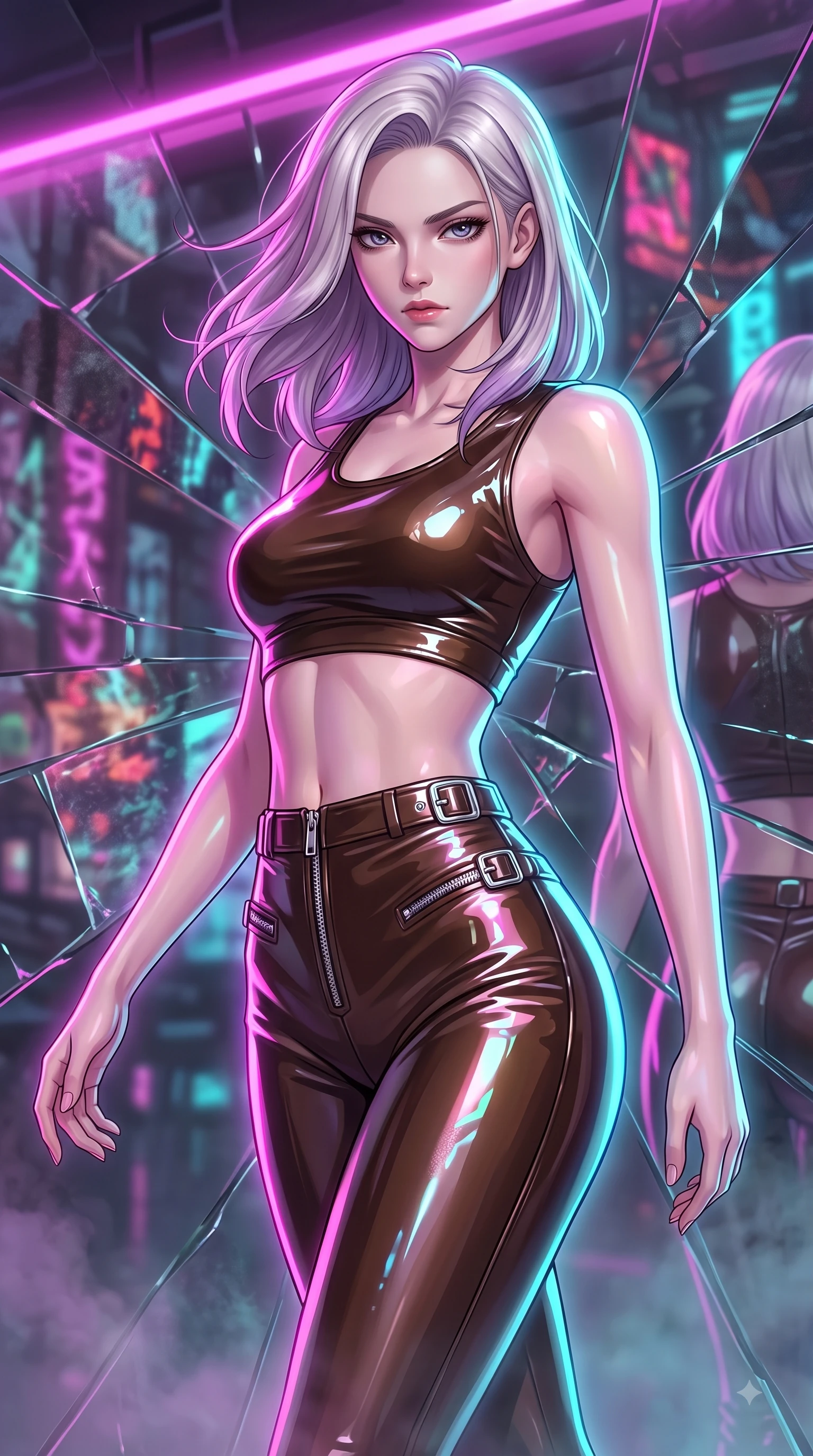 score_9, masterpiece, best quality, ultra-detailed, high-budget anime keyframe, editorial fashion photography, tasteful artistic composition, Caucasian woman. close-up cowboy shot from the waist and thighs up, the character dominates the composition, filling the frame with her large presence, background elements kept in soft focus. Gazing past the lens with smoldering intensity as her torso curves dynamically in mid-stride while pivoting dynamically in front of a shattered mirror bar as magenta neon reflections trace her curves, soft urban mist scattering vibrant magenta and cyan neon rim light around her silhouette. She has an exceptionally elegant, slender, and willowy female figure with an ultra-slim waist, a gracefully sculpted slender torso, and a refined silhouette. sharp v-shaped jawline, high-bridge nose, intricate jewel-like eyes with depth, thick eyelashes, glossy lips with a natural sheen, flawlessly proportioned anatomical accuracy, natural body alignment, perfectly sculpted elegant limbs, clean dynamic posture without body distortion. wearing a glossy vinyl crop top and high-waist tailored leggings with sleek zippers in espresso brown and warm cream, crafted from smooth liquid silk, detailed with polished silver buckles along the waistline, the form-contouring material highlighting her ultra-slim waist and long lines. drenched in wet neon reflections with brilliant specular highlights on her silhouette. highly saturated vibrant anime colors, detailed shading with soft gradients, rich glossy textures, high-contrast stereoscopic depth, volumetric dynamic lighting, master piece, 9:16 ratio
