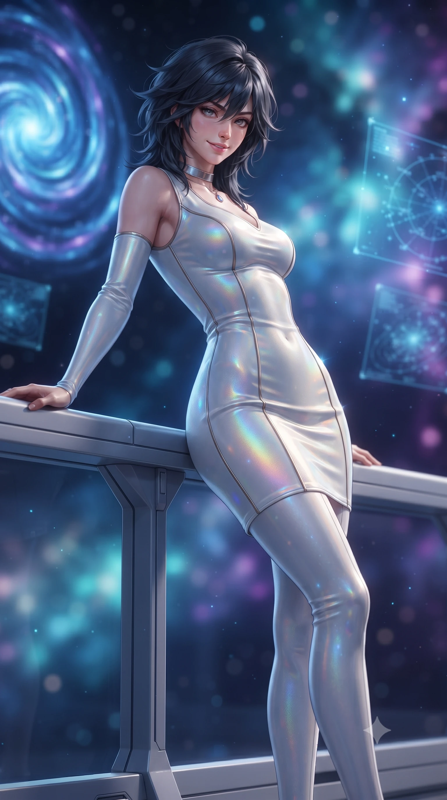 score_9, masterpiece, best quality, ultra-detailed, high-budget anime keyframe, editorial fashion photography, tasteful artistic composition, Caucasian woman. low angle full-body shot from head to toe showing her feet, filling the entire 9:16 vertical frame with her statuesque presence, stretching her vertical silhouette. leaning deep against the balcony balustrade with hips cocked back in an unapologetically alluring high-fashion stance, casting an intoxicating glance while twisting her slender torso in an alluring contrapposto stance, deep sapphire ion glows and starry space casting celestial reflections across her narrow waist and hips. The background shows a soft-focus swirling spirals of electric-sapphire ion plasma, floating 3D holographic star charts, and distant nebula clouds blurred into sapphire, cyan, and amethyst bokeh. She has an exceptionally tall and slender model-like 8.5-heads proportion, an ultra-slim waist, a flat toned midriff, narrow delicate ribcage, and beautifully sculpted feminine hips creating a graceful, slim hourglass silhouette without any bulky heaviness, with impossibly long slender legs. sharp v-shaped jawline, high-bridge nose, intricate jewel-like sparkling eyes with depth, thick eyelashes, glossy parted lips with a natural peach sheen, bright cheerful beaming smile with an enchanting and coquettish sensual glint, exuding both youthful cute charm and seductive allure, flawlessly proportioned anatomical accuracy, strict slender model proportions, natural body alignment, perfectly sculpted long slender limbs, ultra-slim waistline, clean dynamic posture without body distortion. wearing a tailored liquid velvet combat sheath dress with subtle metallic piping following her feminine curves without bulk in solar-sail rainbow diffraction and titanium white, made of fluid liquid jersey with seamless sculpting hold and smooth contours, finished with a minimalist chrome choker and a single teardrop diamond pendant, the glove-like clinging cut tightly following the natural contour of her hips and long slender legs with youthful 8.5-heads elegance. illuminated by spherical glass reflection bounce and sharp sapphire-cyan rim lights defining her razor-sharp jawline, narrow waist, and curvy hips. ultra-reflective glossy finish, specular highlights, rich textural contrasts, high-contrast stereoscopic depth, volumetric dynamic lighting, 2k, ultra detail, master piece, 9:16 ratio