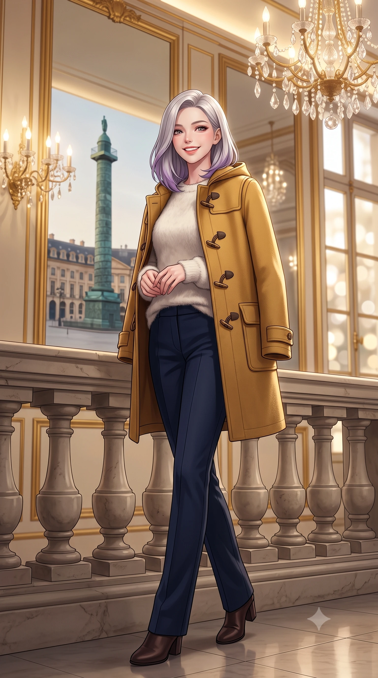 score_9, masterpiece, best quality, ultra-detailed, high-budget anime keyframe, semi-realistic 3D game render, editorial fashion photography, tasteful artistic composition, Caucasian woman. low angle full-body shot from head to toe showing her feet, filling the entire 9:16 vertical frame with her statuesque presence, stretching her vertical silhouette. standing poised beside the classical stone balustrade with one foot slightly forward, hands folded loosely before her with regal grace while walking past monumental mirrors reflecting the historic octagonal Place Vendôme square, turning with magnetic high-fashion poise. The background shows a soft-focus glittering crystal chandeliers, gilded boiserie wall paneling, and views of the bronze Vendôme column through tall windows blurred into champagne, ivory, and brass bokeh. She has an exceptionally tall and slender model-like 8.5-heads proportion, an ultra-slim waist, a flat toned midriff, narrow delicate ribcage, and beautifully sculpted feminine hips creating a graceful, slim hourglass silhouette without any bulky heaviness, with impossibly long slender legs. sharp v-shaped jawline, high-bridge nose, intricate jewel-like sparkling eyes with depth, thick eyelashes, glossy parted lips with a natural peach sheen, bright cheerful beaming smile with an enchanting and coquettish sensual glint, exuding both youthful cute charm and seductive allure, flawlessly proportioned anatomical accuracy, strict slender model proportions, natural body alignment, perfectly sculpted long slender limbs, ultra-slim waistline, clean dynamic posture without body distortion. wearing a structured boiled-wool duffle coat with horn toggles over a soft alpaca sweater and tailored wool slacks in Ginza vintage brass gold and midnight navy, woven from plush alpaca yarn with a cloud-like fuzzy texture and soft halo, featuring delicate tonal horn buttons and meticulous hand-stitched pick-lapel borders, the expertly draped wool fabric falling in crisp fluid lines along her tall 8.5-heads silhouette, celebrating her slender frame without excess fabric bulk. bathed in brilliant 3500K warm-white cove illumination and glittering multi-faceted crystal chandelier reflections. highly saturated vibrant anime colors, detailed shading with soft gradients, rich glossy textures, high-contrast stereoscopic depth, volumetric dynamic lighting, master piece, 9:16 ratio