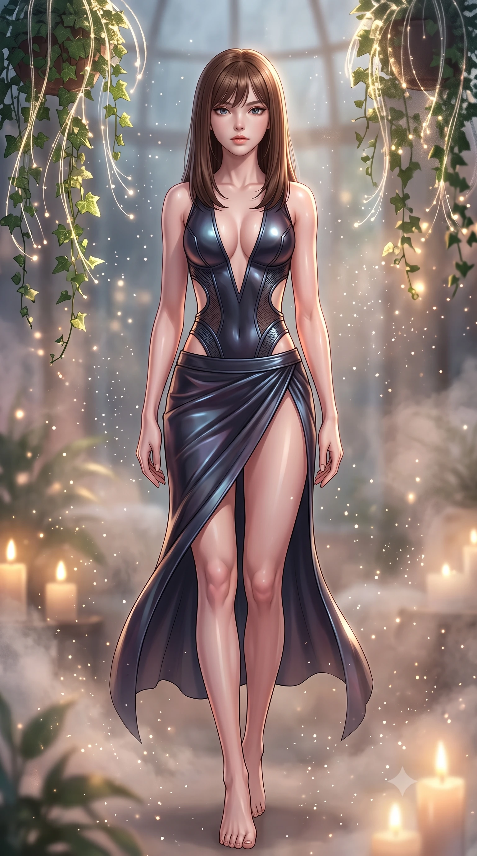 score_9, masterpiece, best quality, ultra-detailed, high-budget anime keyframe, editorial fashion photography, tasteful artistic composition, Korean woman. low angle full-body shot from head to toe showing her feet, filling the entire 9:16 vertical frame with her statuesque presence, stretching her vertical silhouette. stepping gracefully through floating stardust particles, her body-contouring suit showing her athletic, slender silhouette, the background shows a soft-focus a solarium lounge filled with hanging fiber-optic ivy plants and steam. She has an absolutely perfect, statuesque 8.5-heads proportion, an exceptionally tall and slender model-like female figure with impossibly long slender legs and an ultra-slim waist. sharp v-shaped jawline, high-bridge nose, intricate jewel-like eyes with depth, thick eyelashes, glossy lips with a natural sheen. wearing a body-hugging deep plunging-V neck bodycon armor top, featuring keyhole cutouts along the ribs and a thigh-slit wrap skirt. soft flickering candle glow refracting through moving warm mist. highly saturated vibrant anime colors, detailed shading with soft gradients, rich glossy textures, high-contrast stereoscopic depth, volumetric dynamic lighting, master piece, 9:16 ratio