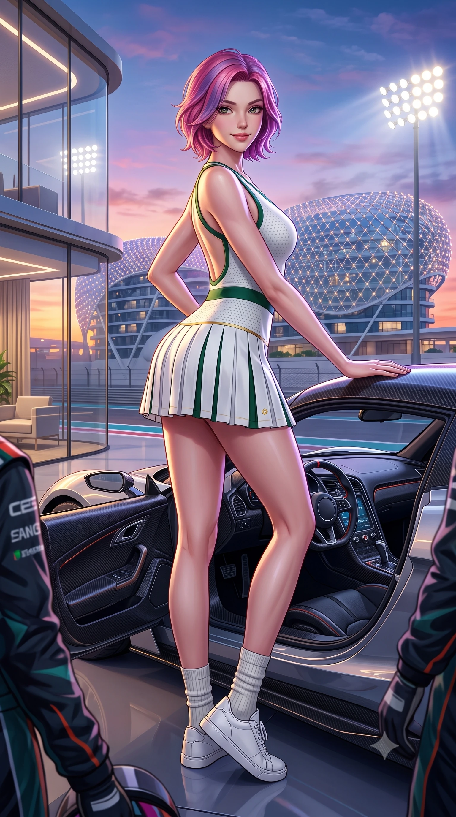 score_9, masterpiece, best quality, ultra-detailed, high-budget anime keyframe, semi-realistic 3D game render, editorial fashion photography, tasteful artistic composition, Caucasian woman. low angle full-body shot from head to toe showing her feet, filling the entire 9:16 vertical frame with her statuesque presence, stretching her vertical silhouette. standing in a tall, confident posture with one hand on the sports car roof, stretching her statuesque body as she arches her lower back to emphasize her sculpted feminine hips and slender waist while standing poised on the glass-walled VIP rooftop terrace as the sun sets over the futuristic illuminated grid shell hotel, arching her back with majesty. The surrounding environment is rendered in vivid detail and crisp panoramic clarity: detailed racing suit weave, LED reflections on skin, and futuristic Middle Eastern motorsport architecture in high resolution. She has an absolutely perfect, statuesque 8.5-heads proportion, an exceptionally tall and slender model-like female figure with impossibly long slender legs, an ultra-slim waist, a flat toned midriff, narrow delicate ribcage, and beautifully sculpted feminine hips creating a graceful, slim hourglass silhouette without any bulky heaviness. sharp v-shaped jawline, high-bridge nose, sparkling eyes with athletic focus and depth, thick curled eyelashes, glossy parted lips with a natural coral-peach sheen, bright confident and coquettish smile with alluring bedroom-eyes, exuding both youthful sporty vigor and sovereign high-society glamour, flawlessly proportioned anatomical accuracy, strict slender model proportions, natural body alignment, perfectly sculpted long slender limbs, ultra-slim waistline, clean dynamic posture without body distortion. wearing a deep V-neck knit tennis dress with an open-back scoop and knife-pleated skirt tracing her narrow waist and hips in crisp Wimbledon white and British racing green with gold accents, woven from semi-opaque performance athletic mesh with hexagonal micro-perforations, complemented by ribbed knit crew socks and clean white designer court sneakers, the form-fitting tailored bodice adhering flawlessly to her sculpted flat midriff and slender torso, emphasizing her long leg lines and perfectly proportioned willowy build. illuminated by track floodlight bounce and sharp violet-gold rim lights sculpting her razor-sharp jawline, narrow waist, and curvy hips. highly saturated vibrant anime colors, detailed shading with soft gradients, rich glossy textures, high-contrast stereoscopic depth, volumetric dynamic lighting, master piece, 9:16 ratio