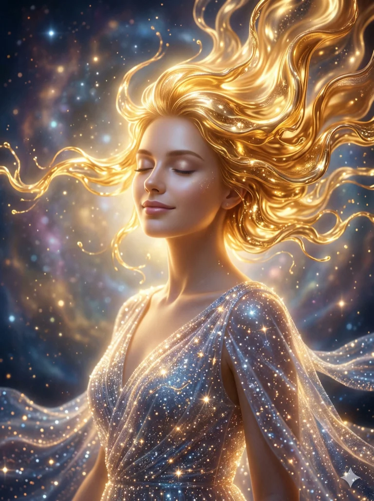(masterpiece:1.2), best quality, ethereal, (1girl:1.3), woman with hair made of liquid gold, dress of flowing starlight, (face dominating upper frame:1.1), serene expression, divine glow, 2k, ultra detail, 3:4 ratio
