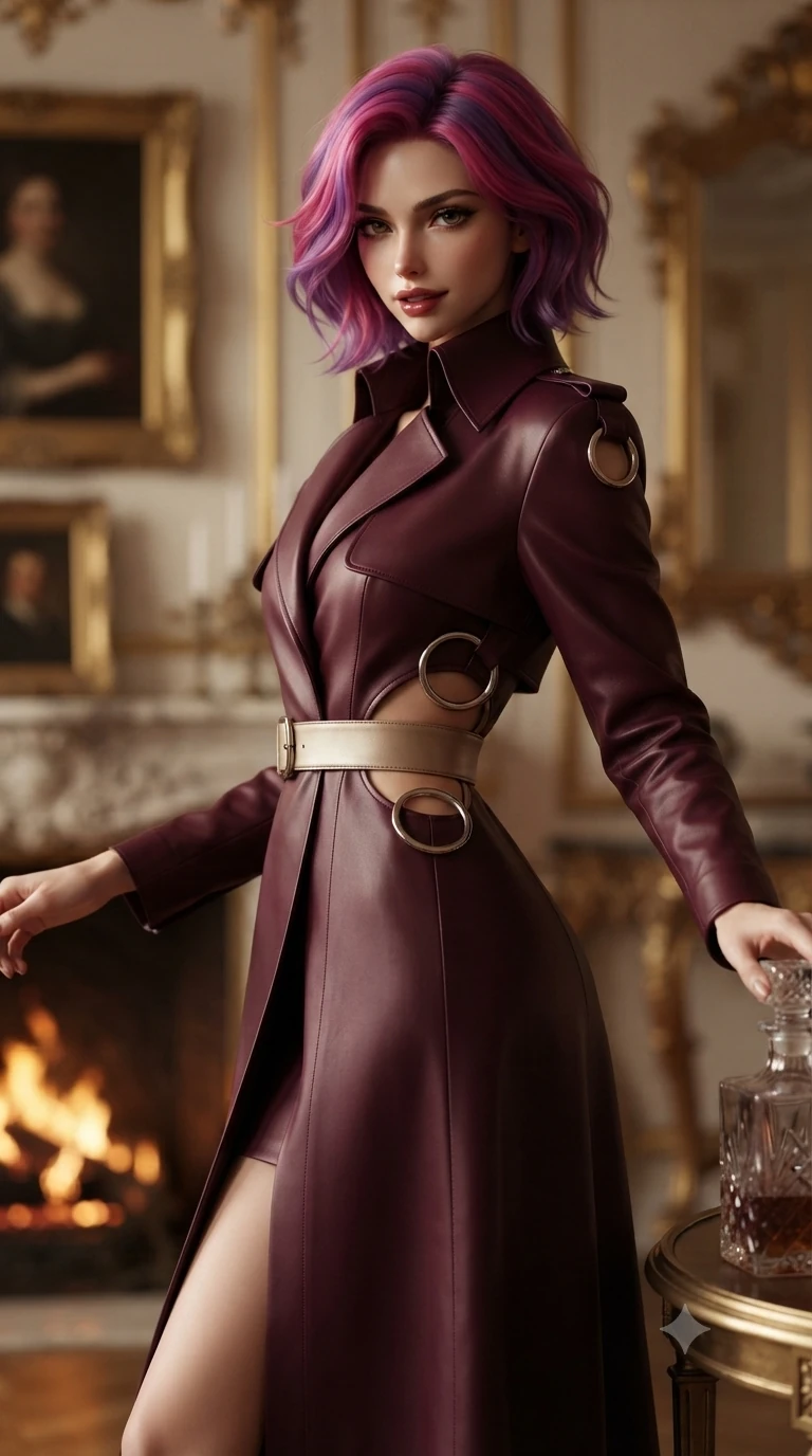 score_9, masterpiece, best quality, ultra-detailed, high-budget anime keyframe, editorial fashion photography, tasteful artistic composition, Caucasian woman. close-up cowboy shot from the waist and thighs up, the character dominates the composition, filling the frame with her large presence. twisting her slender torso in an alluring S-curve while reaching for a vintage crystal decanter, her dark tailored fit highlighting her hourglass curves while twisting her slender torso in an alluring contrapposto stance beside the gilded rococo mirror, warm hearth embers dancing across her silhouette. The background shows a soft-focus gilded antique oil portrait frames, towering carved marble fireplace mantel, and flickering hearth fire blurred into amber, burgundy, and gold bokeh. She has an exceptionally elegant, slender, and willowy female figure with an ultra-slim waist, flat toned midriff, narrow ribcage, and sculpted feminine hips creating an alluring, slim hourglass silhouette without bulk. sharp v-shaped jawline, high-bridge nose, intricate jewel-like dark sparkling eyes with dangerous depth, thick curled eyelashes, glossy parted lips with a rich wine sheen, smoldering seductive half-smile with bedroom-eyes, exuding effortless superiority and intoxicating dark allure, flawlessly proportioned anatomical accuracy, strict slender model proportions, natural body alignment, perfectly sculpted long slender limbs, ultra-slim waistline, clean dynamic posture without body distortion. wearing a structured high-collar leather trench coat dress with waist-cinching belt and storm flap in dark mulberry wine and antique champagne, tailored from heavy double-faced silk georgette with an exceptionally fluid drape, accented with sculptural chrome hardware rings framing the subtle cutouts, the bespoke structured tailoring following the natural line of her 8.5-heads silhouette with refined elegance. illuminated by focused key lighting and warm champagne rim light sculpting her razor-sharp jawline, narrow waist, and curvy hips. ultra-reflective glossy finish, specular highlights, rich textural contrasts, high-contrast stereoscopic depth, volumetric dynamic lighting, 2k, ultra detail, master piece, 9:16 ratio