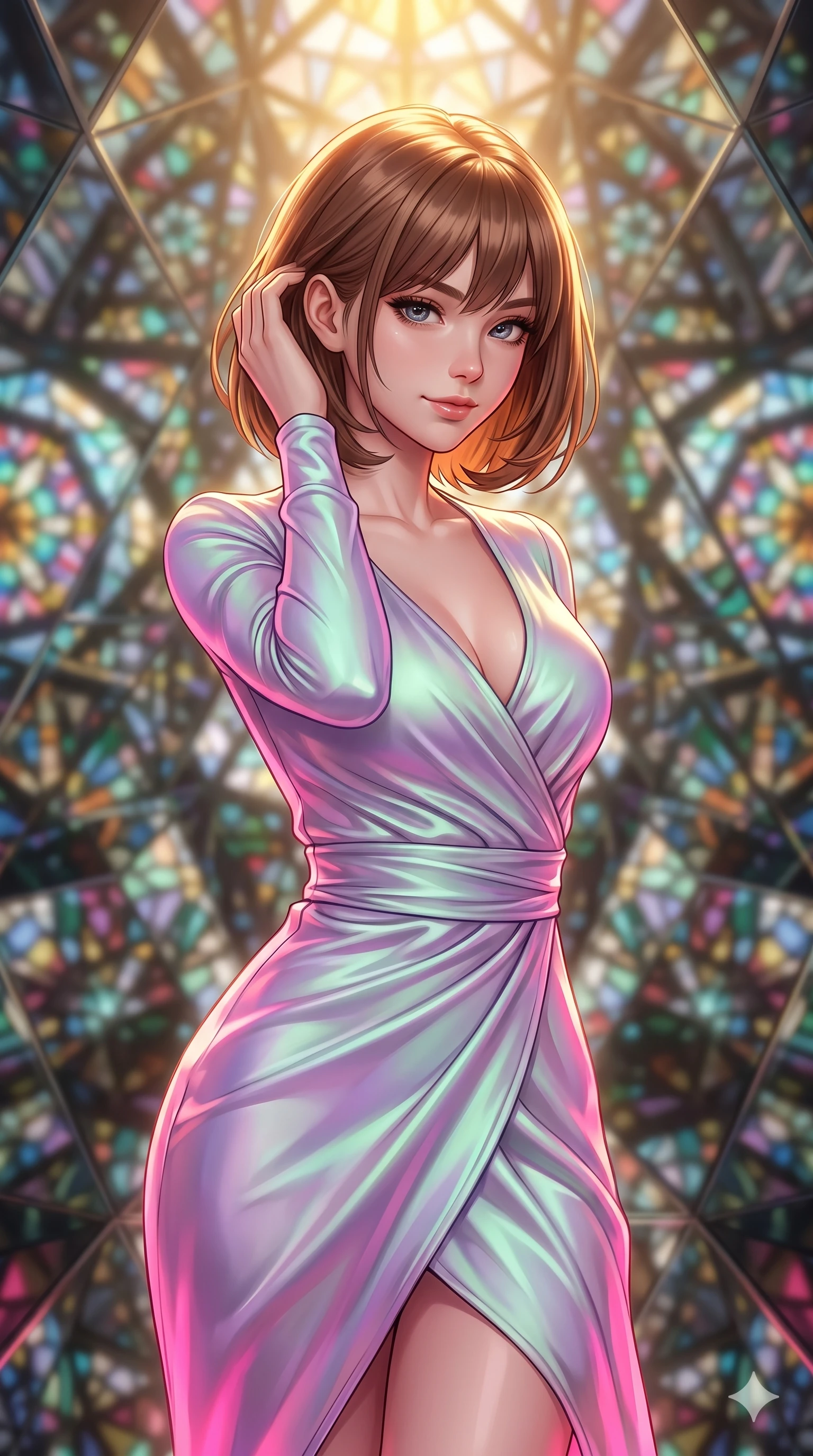 score_9, masterpiece, best quality, ultra-detailed, high-budget anime keyframe, editorial fashion photography, tasteful artistic composition, Caucasian woman, strictly human ears. close-up cowboy shot from the waist and thighs up, the character dominates the composition, filling the frame with her large presence, background elements kept in soft focus. Gently brushing hair from her face with an enigmatic half-smile. set against a soft-focus background of walking through the interior of a building-sized kaleidoscope where angled mirrors multiply geometric patterns of colored glass into infinite symmetrical fractals stretching in every direction. She has an exceptionally elegant and slender, willowy female figure with an ultra-slim waist, a gracefully sculpted slender torso, and a refined slim physique. sharp v-shaped jawline, high-bridge nose, intricate jewel-like eyes with depth, thick eyelashes, glossy lips with a natural sheen. wearing a luminous satin wrap dress in a shifting holographic lavender-to-mint-green hue, draping and clinging to her slender waist with elegant precision. dramatic contrast of hot pink furnace glow from below and cool golden light from above. 2k, ultra detail, master piece, 9:16 ratio